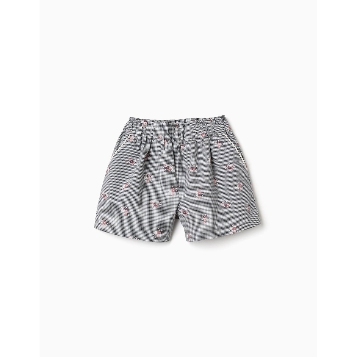 Short en coton à motif Vichy et imprimé floral bleu foncé, ZIPPY