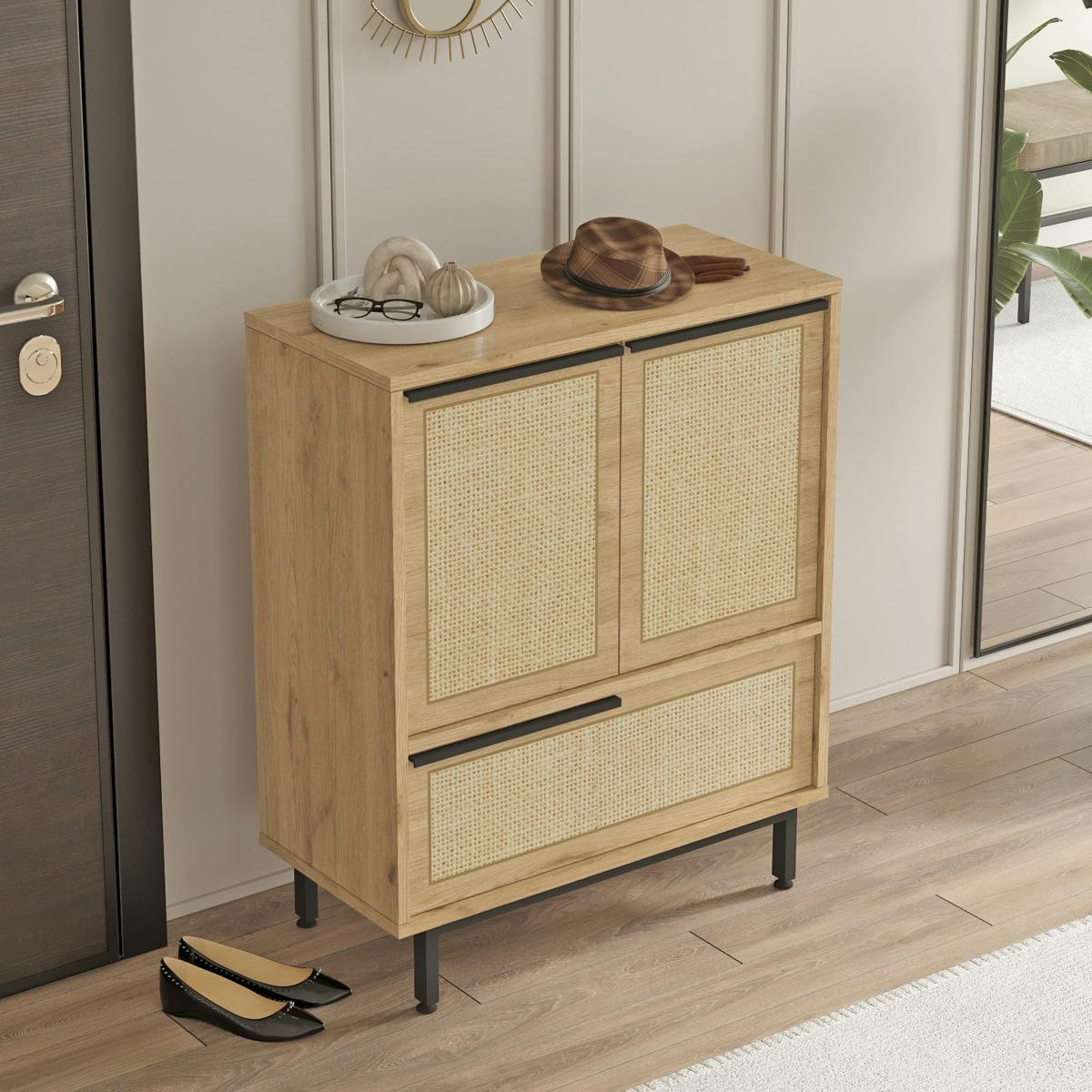Meuble à chaussures avec cannage 3 portes JENA bois naturel, PIER IMPORT