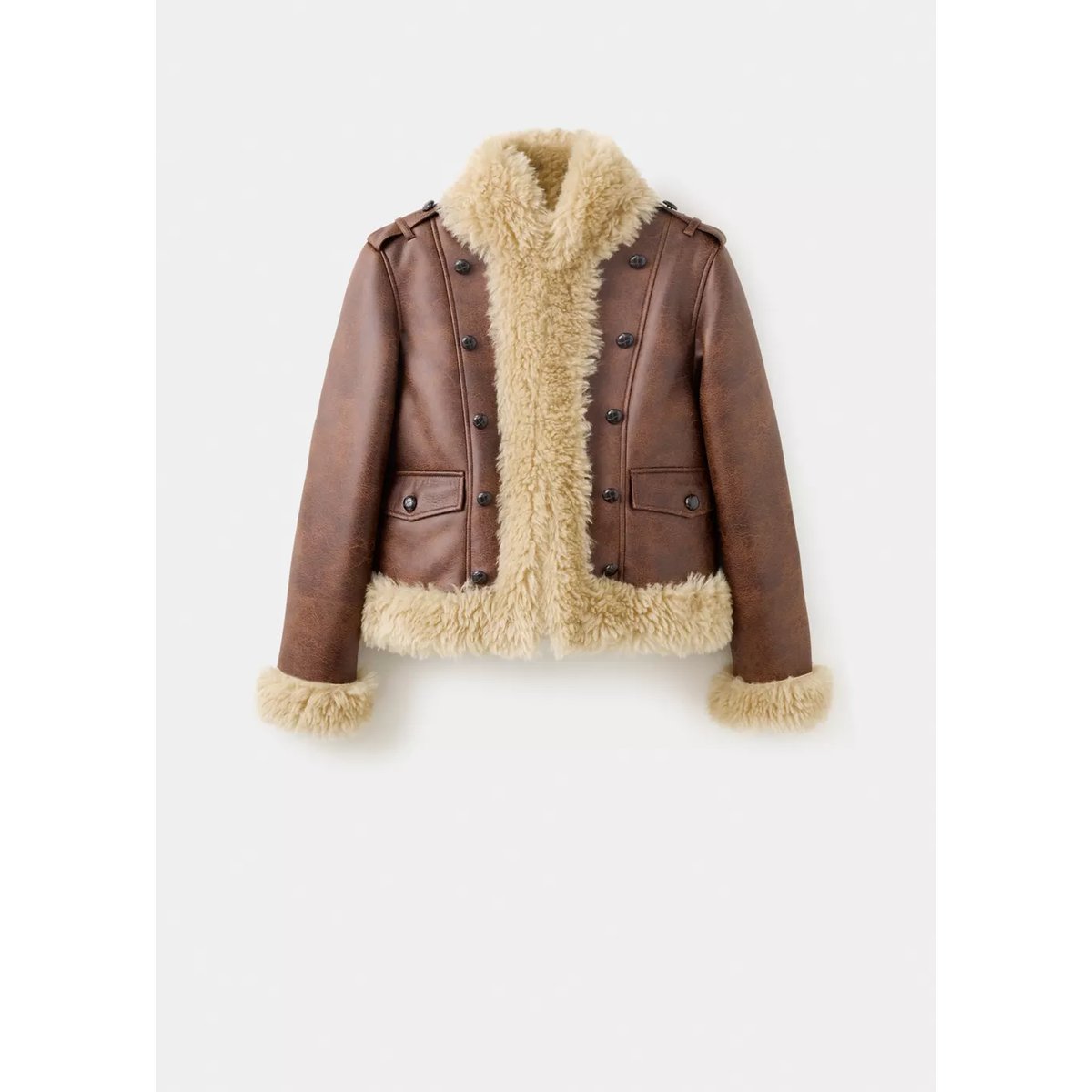 Veste en cuir synthétique avec finitions effet mouton marron, MANGO