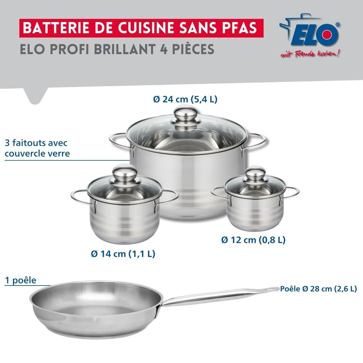 Batterie 1 poêle 28cm + 3 faitouts 12/14/24cm PROFI BRILLANT inox, ELO