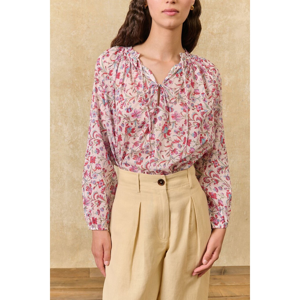Blouse fleurie manches longues, NICOLIANA imprimé rose, LOUISE MISHA