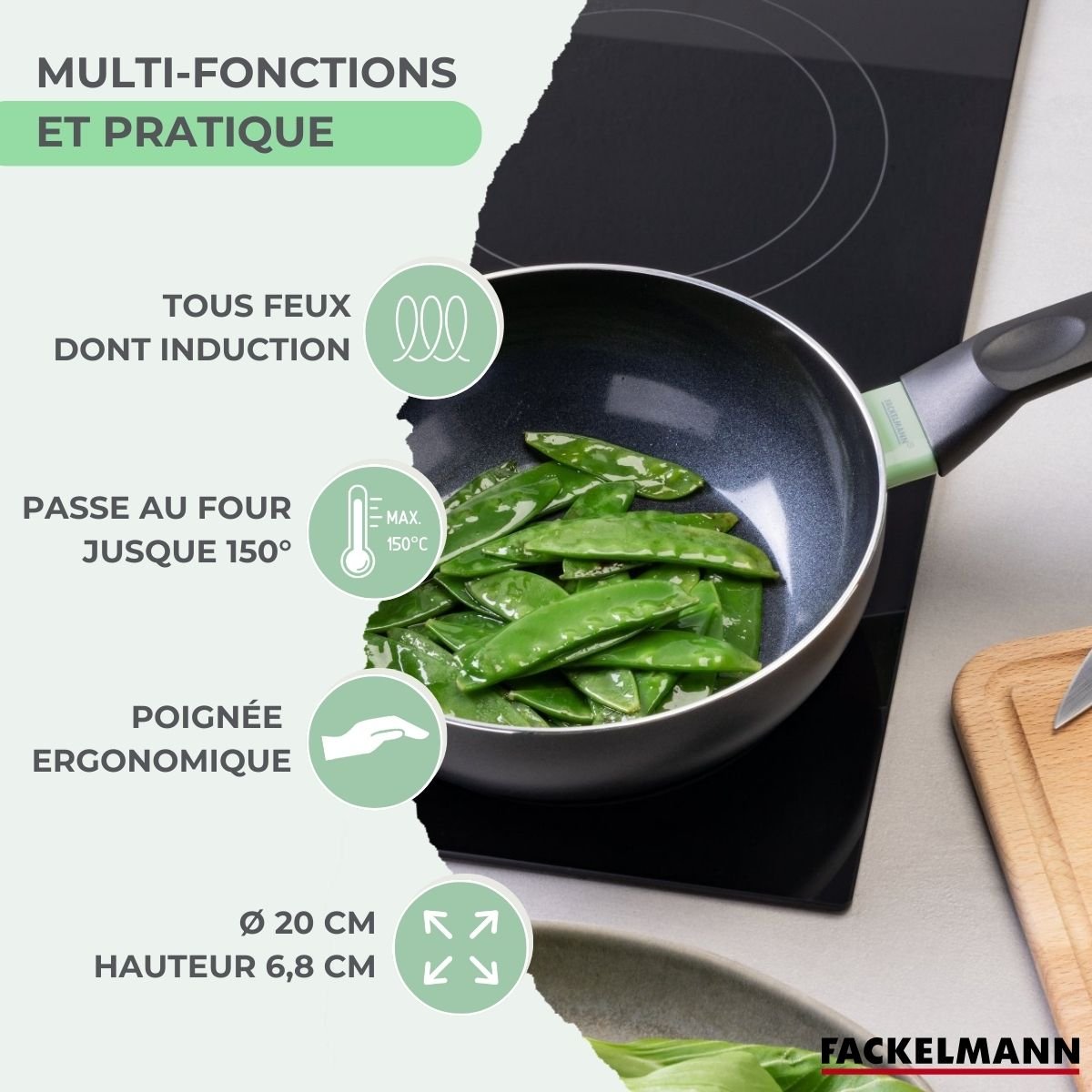 Wok 20 cm aluminium revêtement céramique antiadhésif BRANDAO vert,noir, FACKELMANN