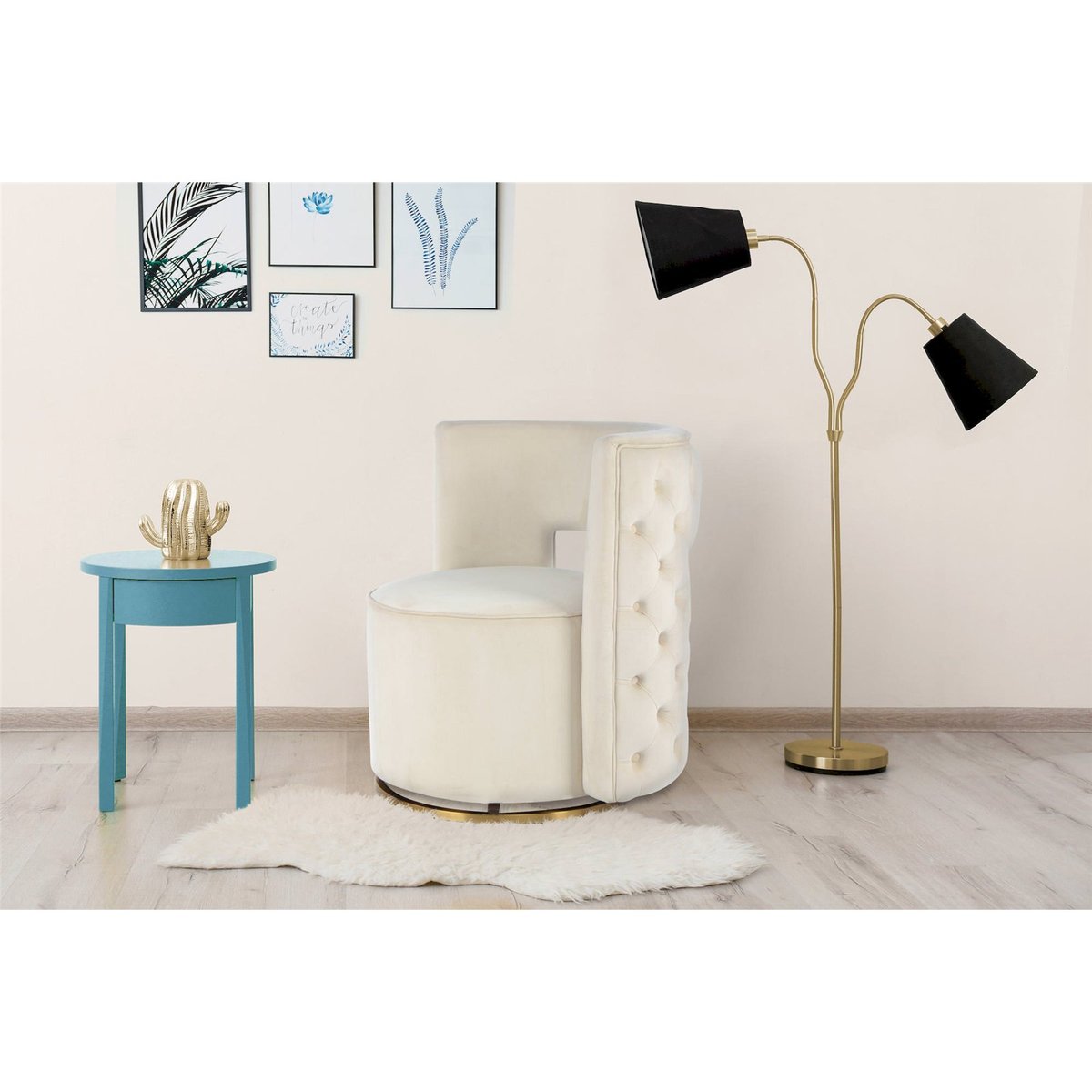 Fauteuil pivotant en velours rond crème et or doré, ARTE ESPINA