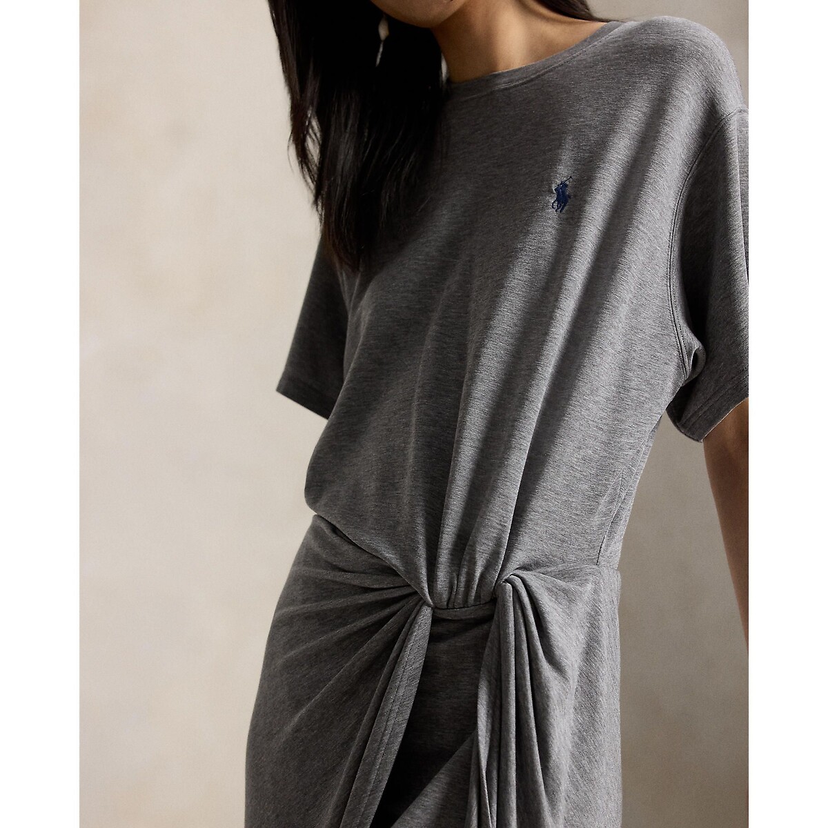 Abito T-shirt drappeggiato a maniche corte grigio chiné , POLO RALPH LAUREN