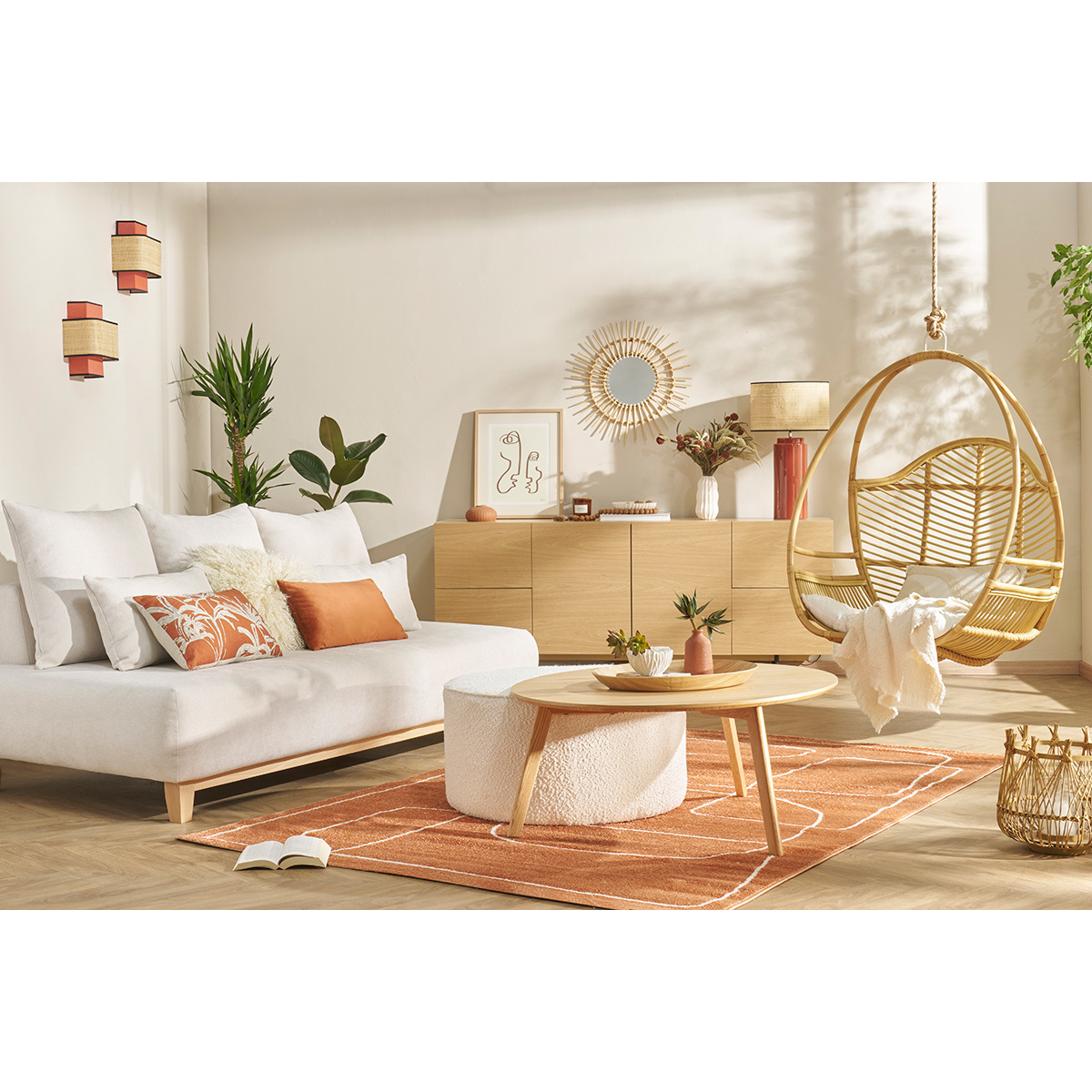 Buffet design finition bois clair chêne et métal noir 2 portes 4 tiroirs L180 cm ALASKA chêne clair, MILIBOO