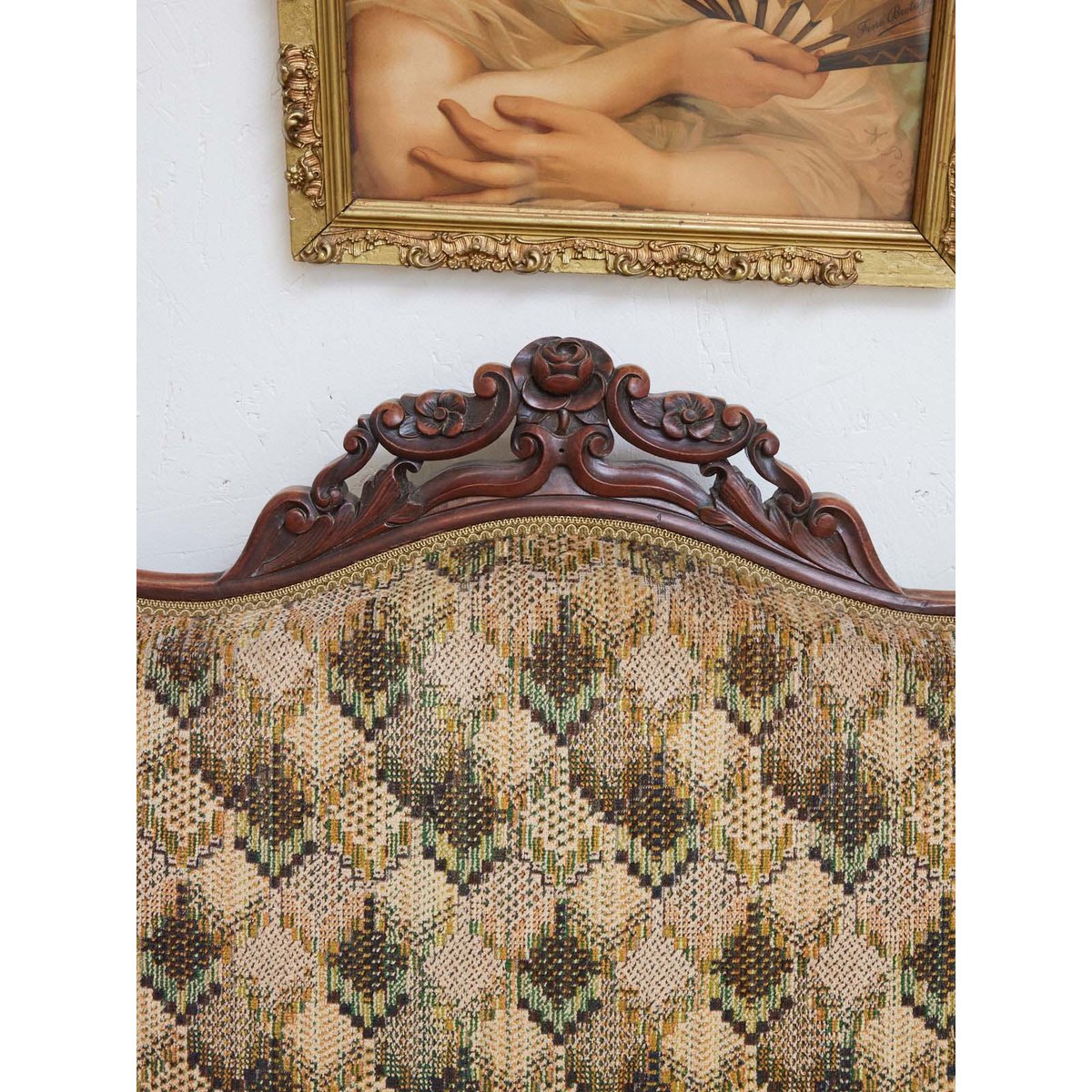 Banquette double en tissu Martine N°63 - Bon état bois foncé, DEBONGOUT