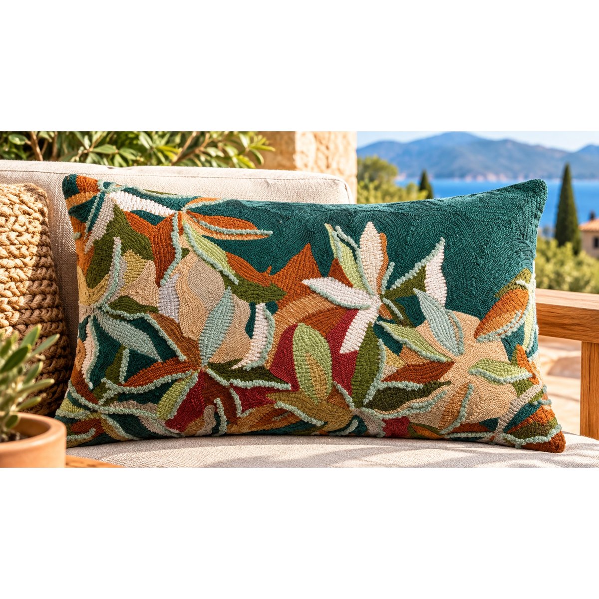 Coussin brodé Escale Singulière petrole, EDEN