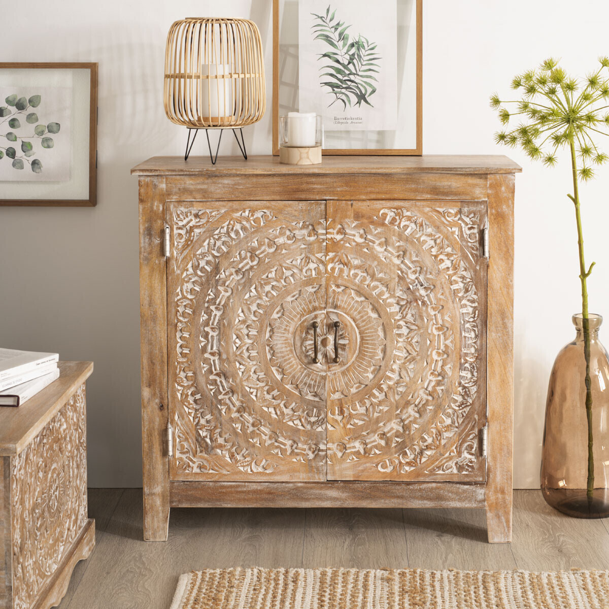 Buffet 2 portes bois de manguier sculpté main SHIREL beige, ATMOSPHERA