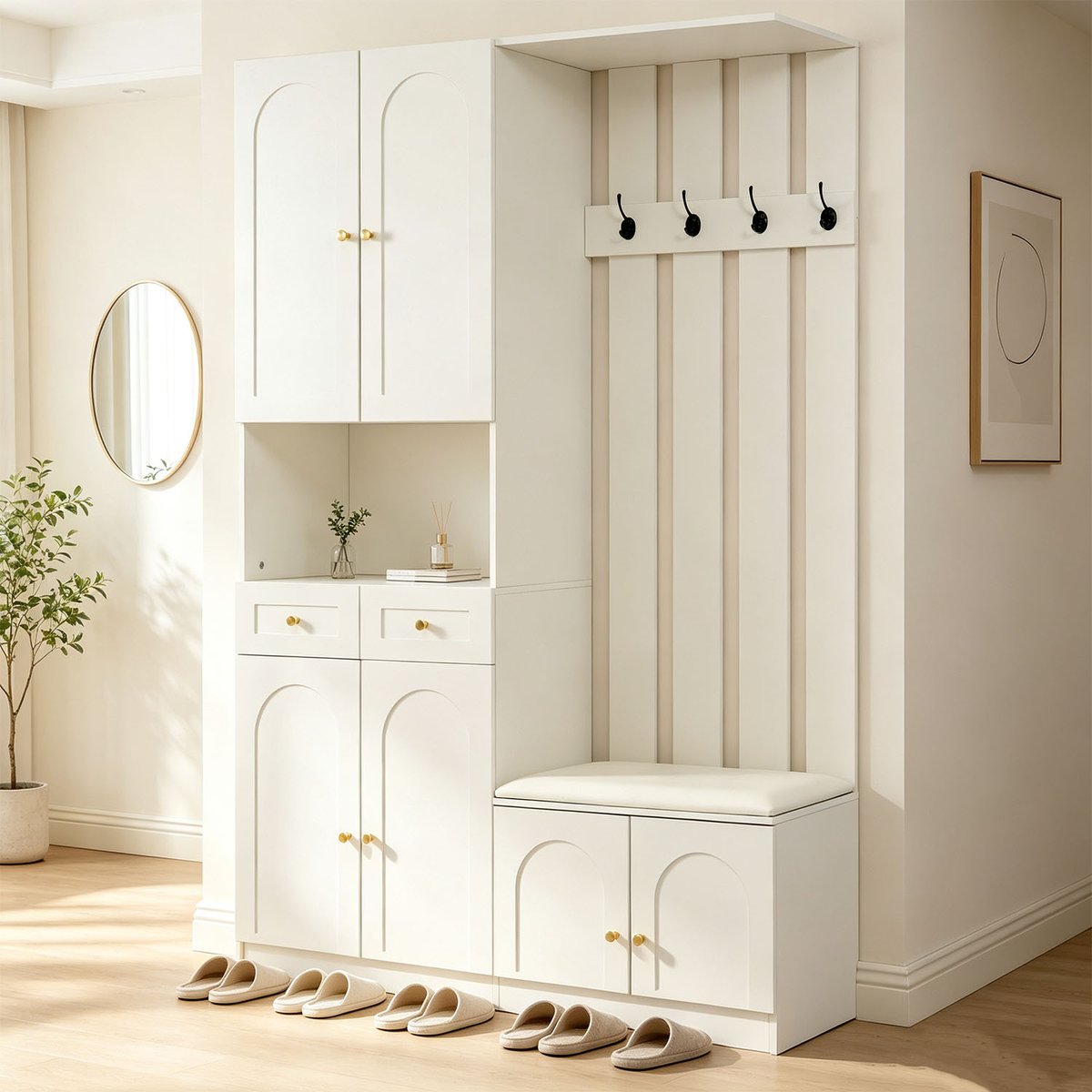 Vestiaire d'entrée avec banc et rangement, PORTER-N blanc, MEUBLES COSY