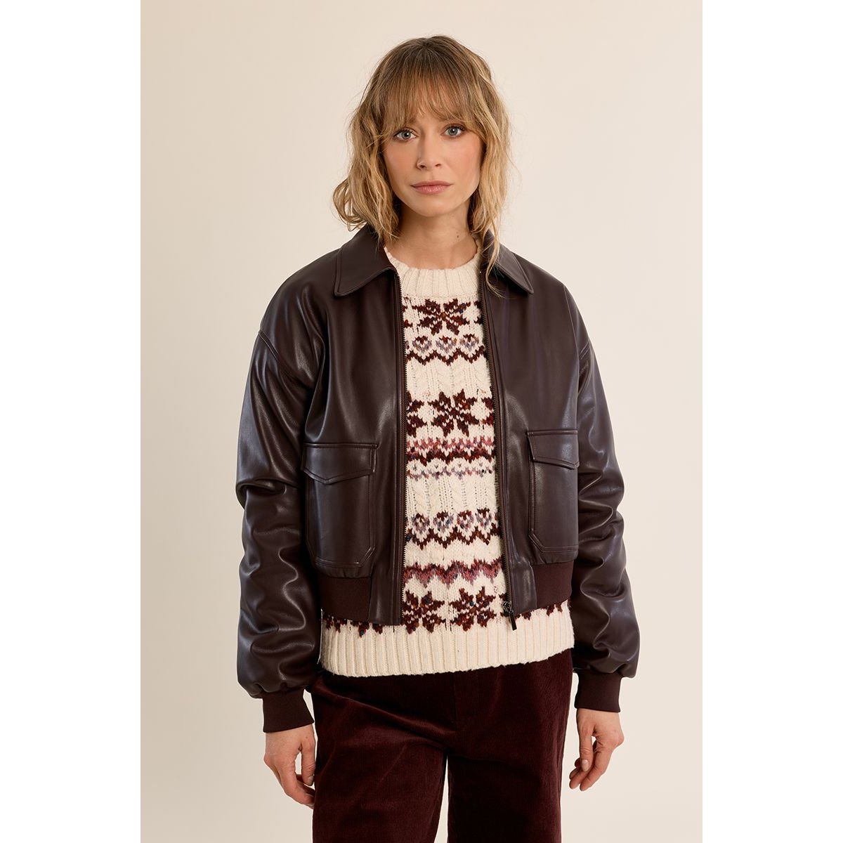 Bomber en simili-cuir chocolate, MOLLY BRACKEN