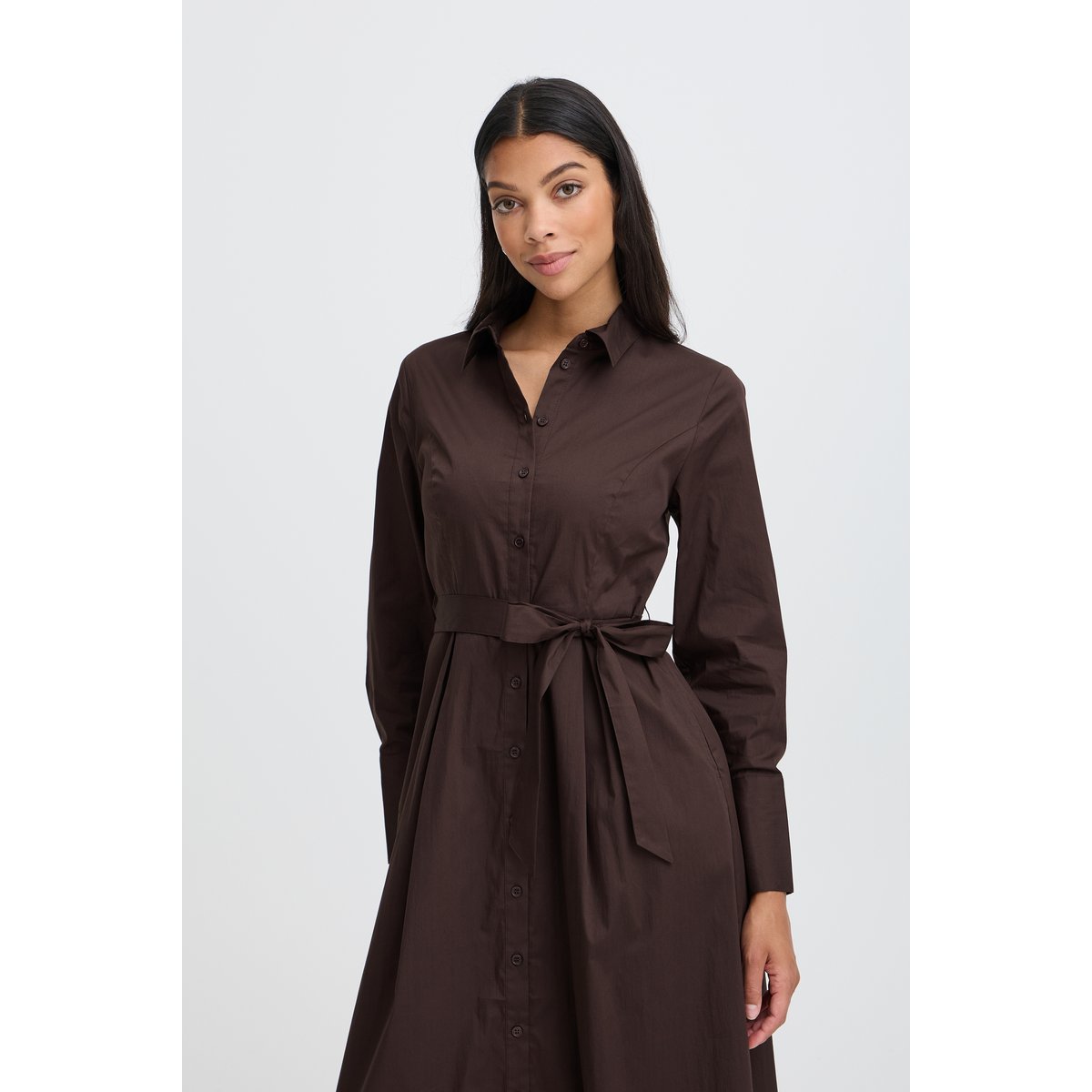 Robe chemise,  manches longues, coupe midi marron java, B.YOUNG