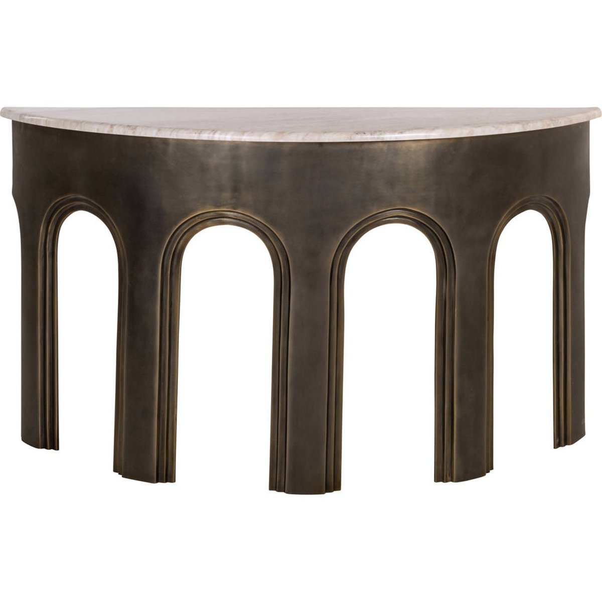 Console demi-lune en marbre et aluminium laiton antique et marbre clair, RECOLLECTION