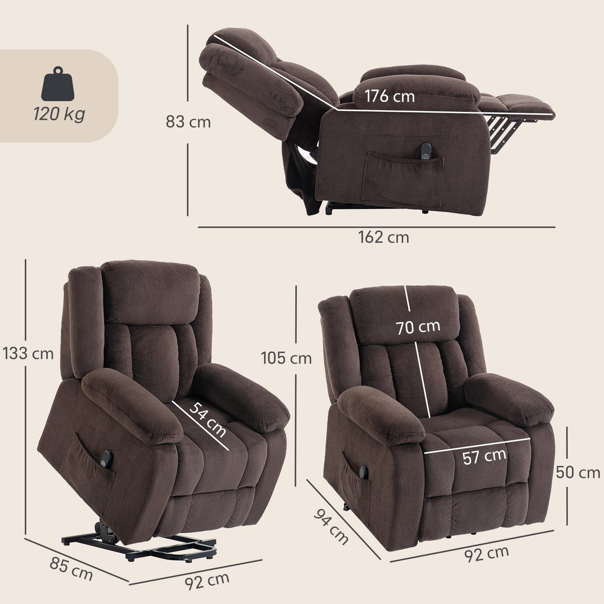 Fauteuil releveur multifonctionnel Velours marron, HOMCOM