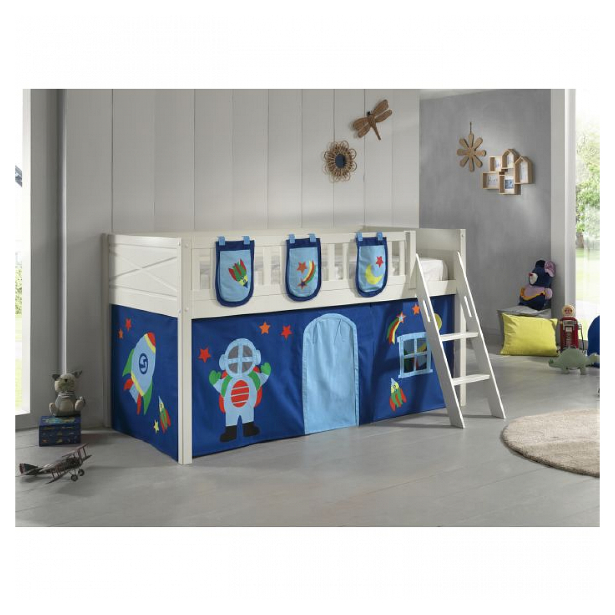 Scott Lit Mezzanine et Rideau Astro + 3 Sacs Rangement couleur unique, VIPACK