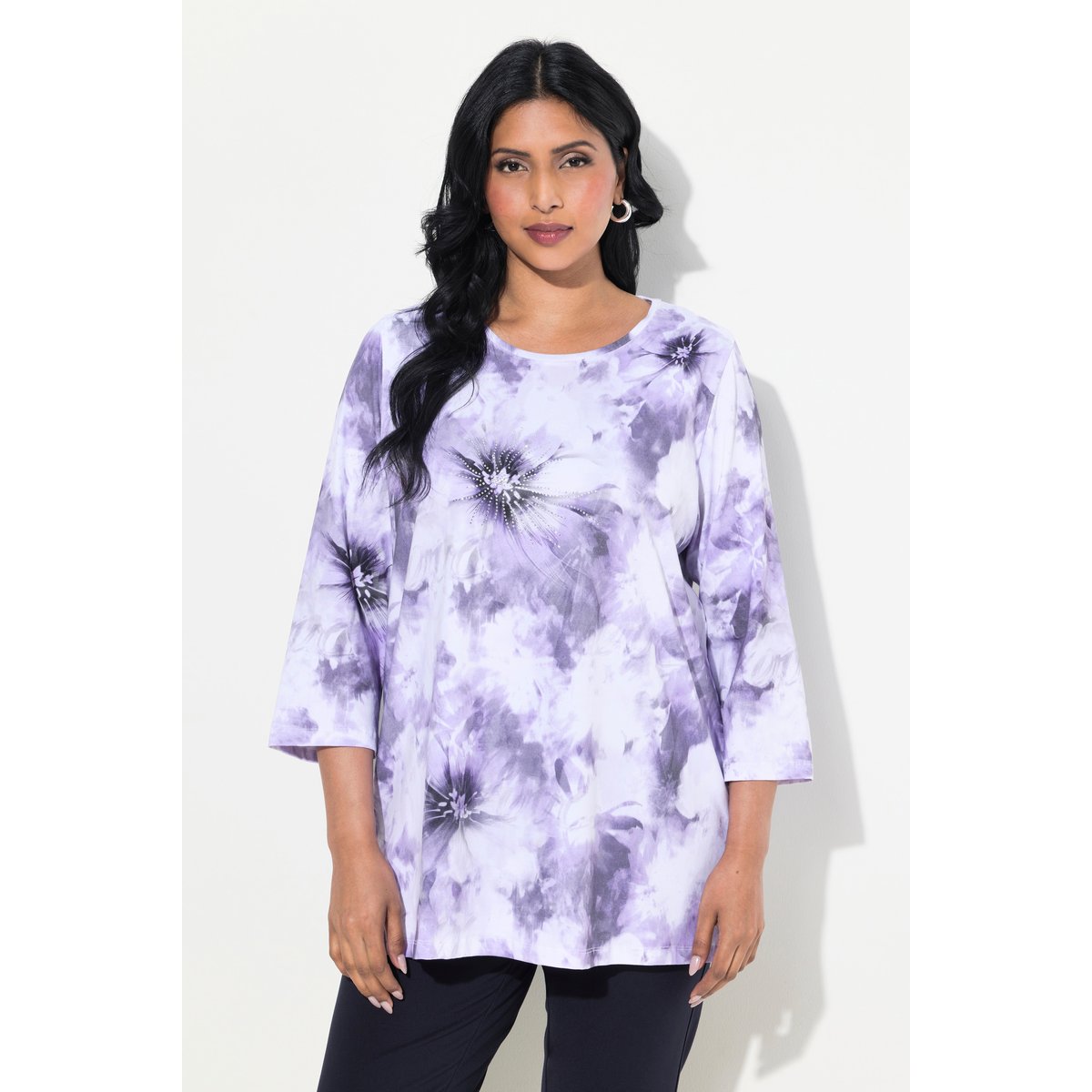 T-shirt en coton Pima, manches 3/4 et rond blanc neige, ULLA POPKEN