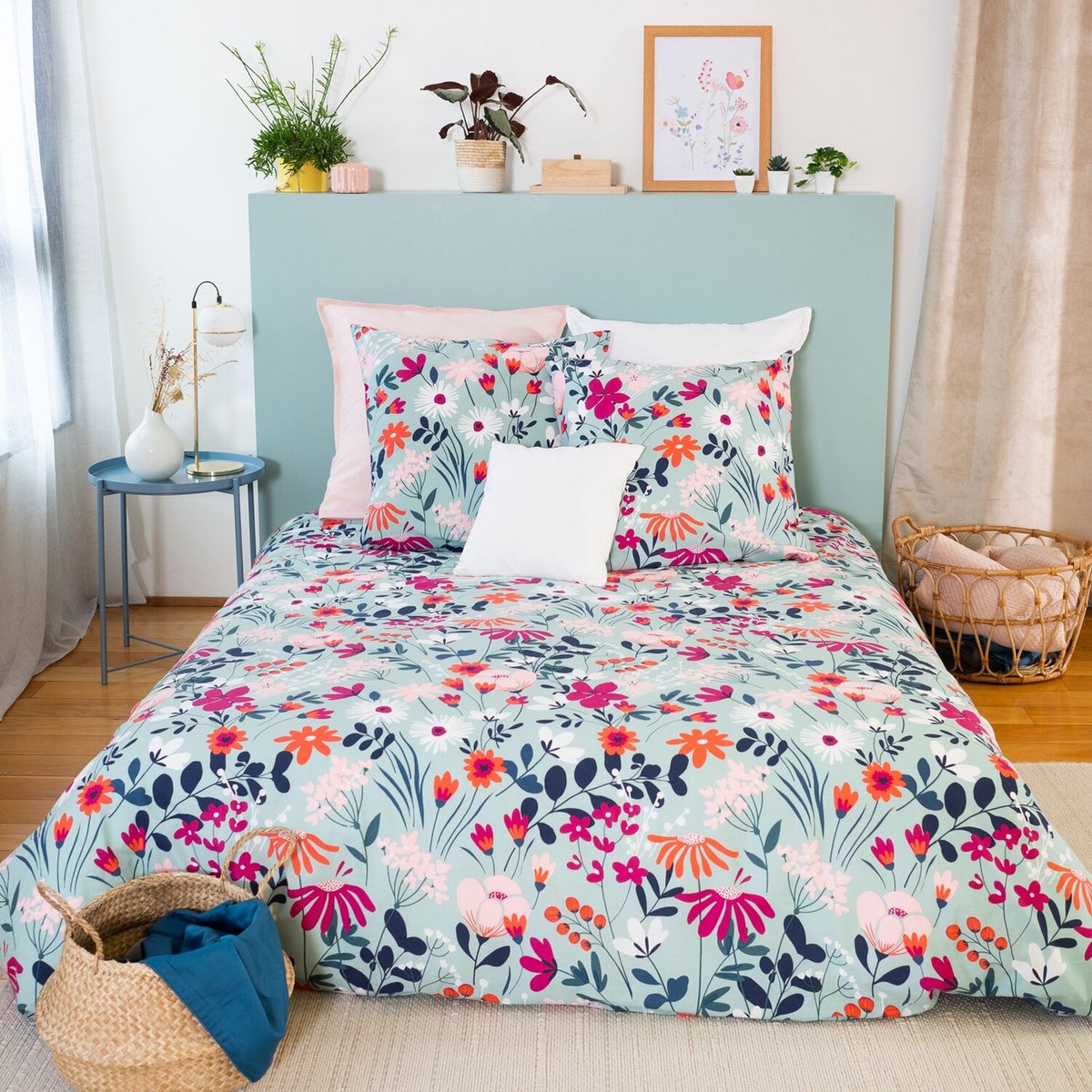 Parure housse de couette en coton imprimée, Flore bleu, C DESIGN HOME TEXTILE