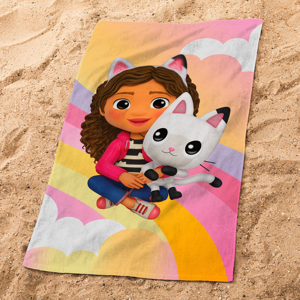 Serviette de bain et de plage imprimé 100% coton, RAINBOW rose, GABBY ET LA MAISON MAGIQUE