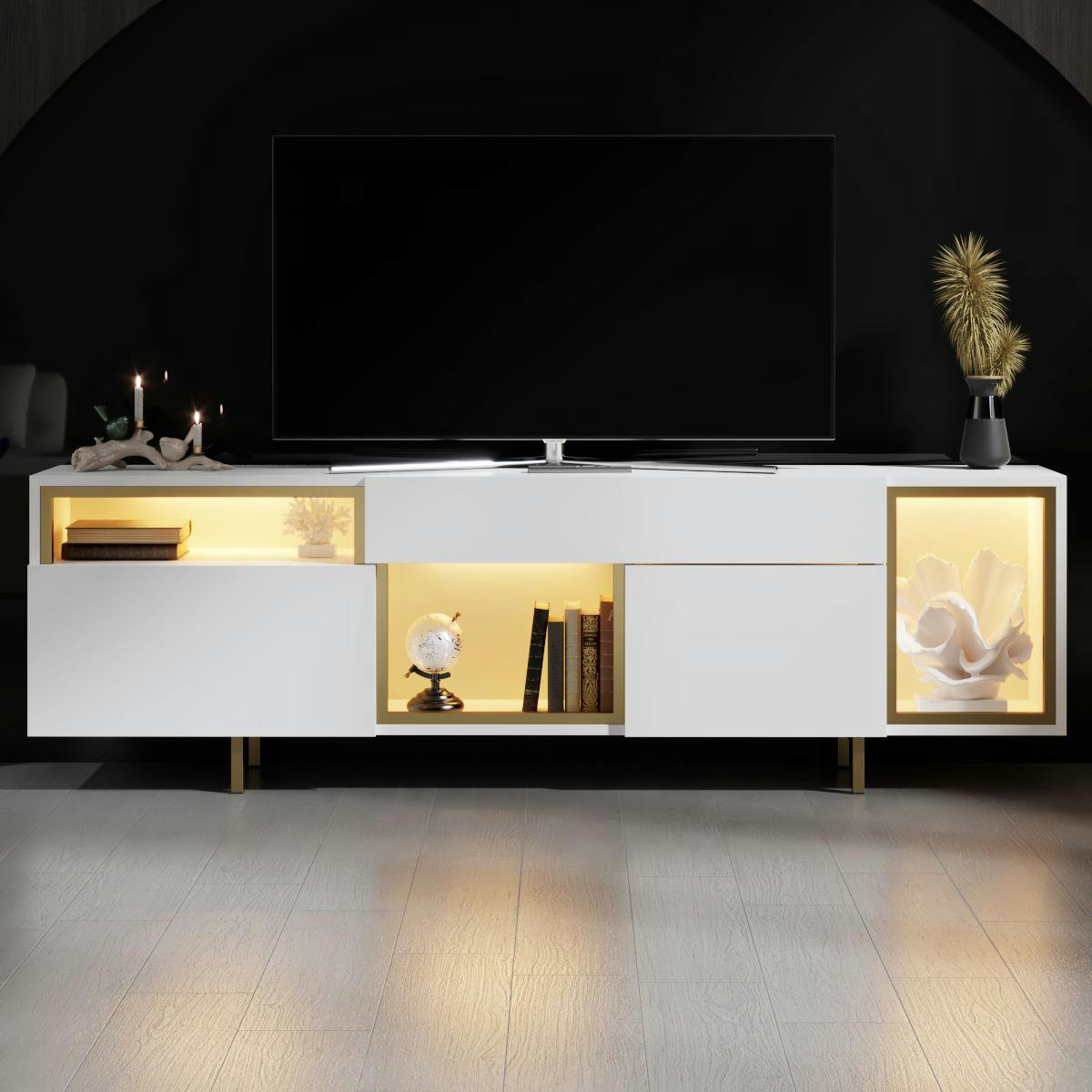 Meuble TV 2 portes, 3 niches éclairage LED AURA blanc, PIER IMPORT