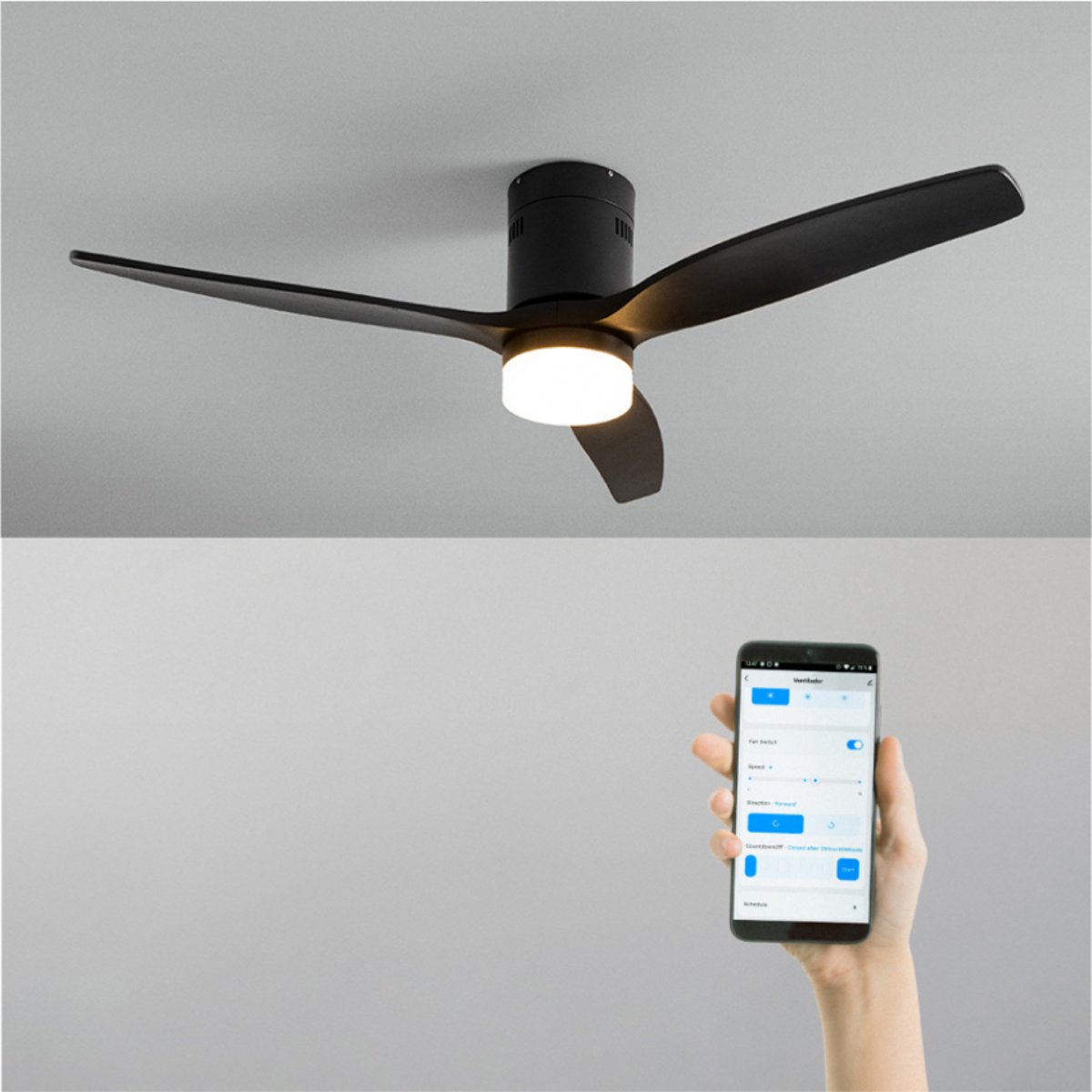 Ventilateur de plafond 40W avec lumière et Wi-Fi WIND CALM NATURAL WOOD noir/noir, CREATE