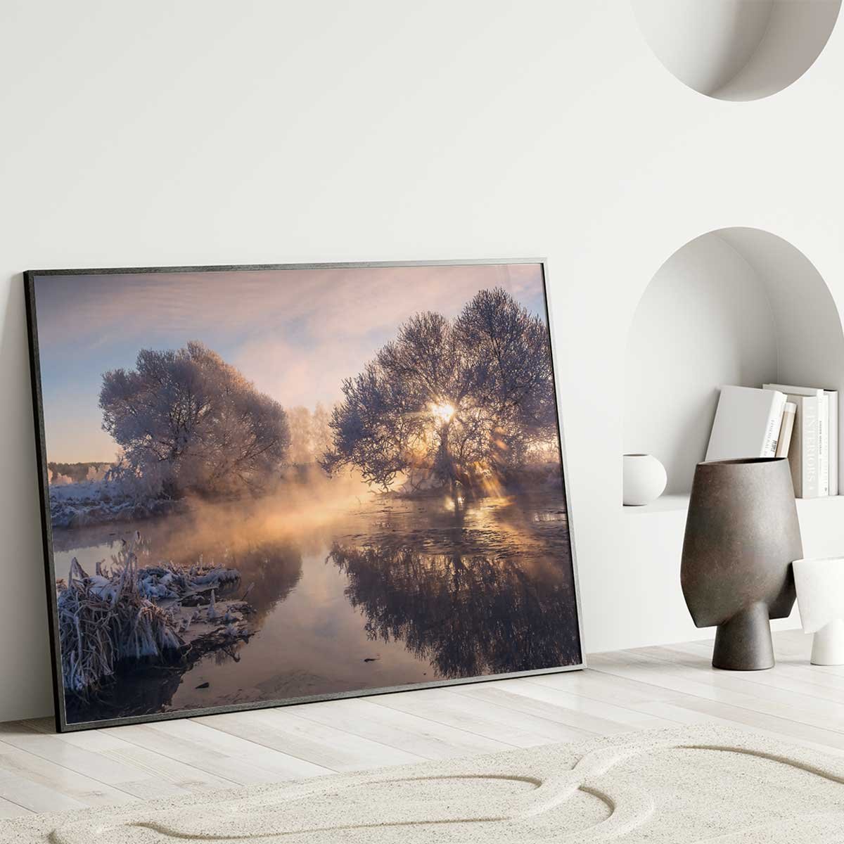 Affiche encadrée paysage hivernal rivière gelée affiche + cadre en métal - noir, HEXOA