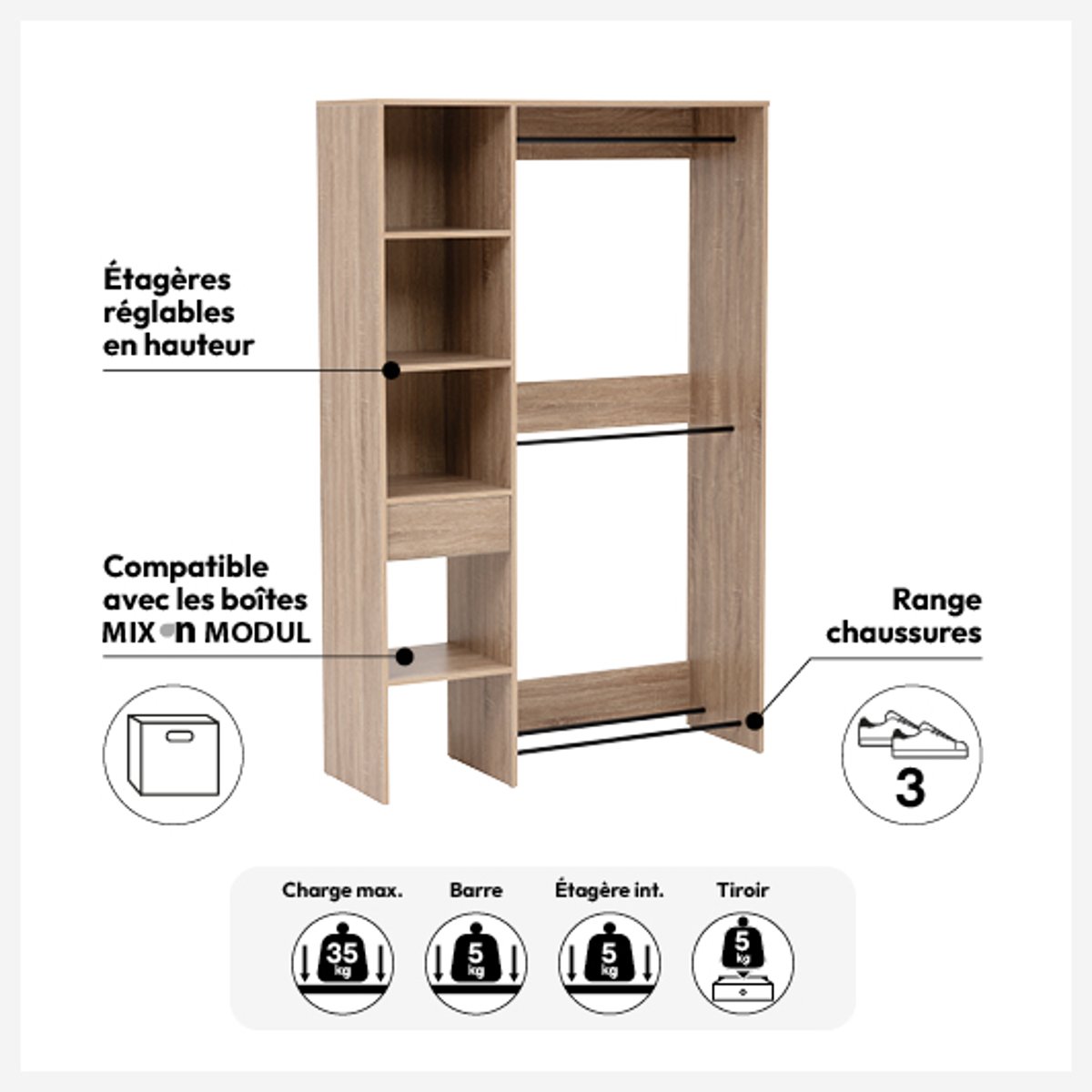 Dressing 2 penderies effet chêne naturel DOLO beige, 5FIVE SIMPLY SMART