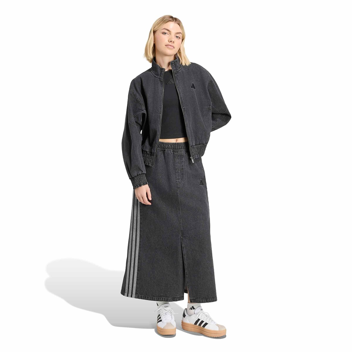 Giacca con zip in denim denim nero, ADIDAS SPORTSWEAR