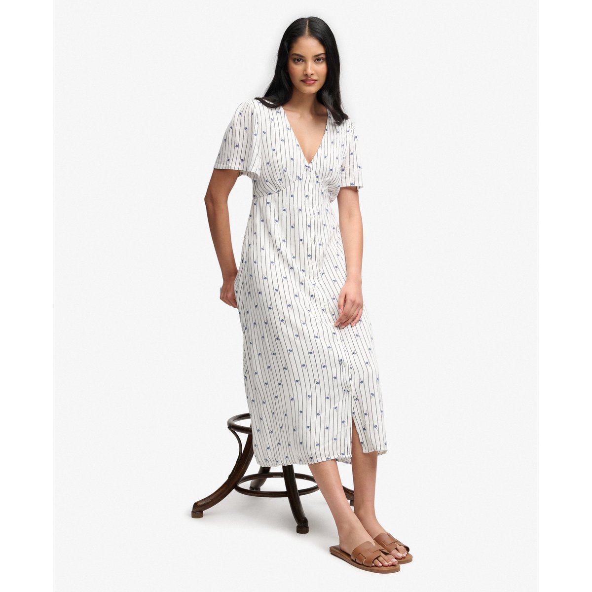 Robe Midi à Manches Courtes et Boutons Imprimée rayures ditsy crème œillet, SUPERDRY