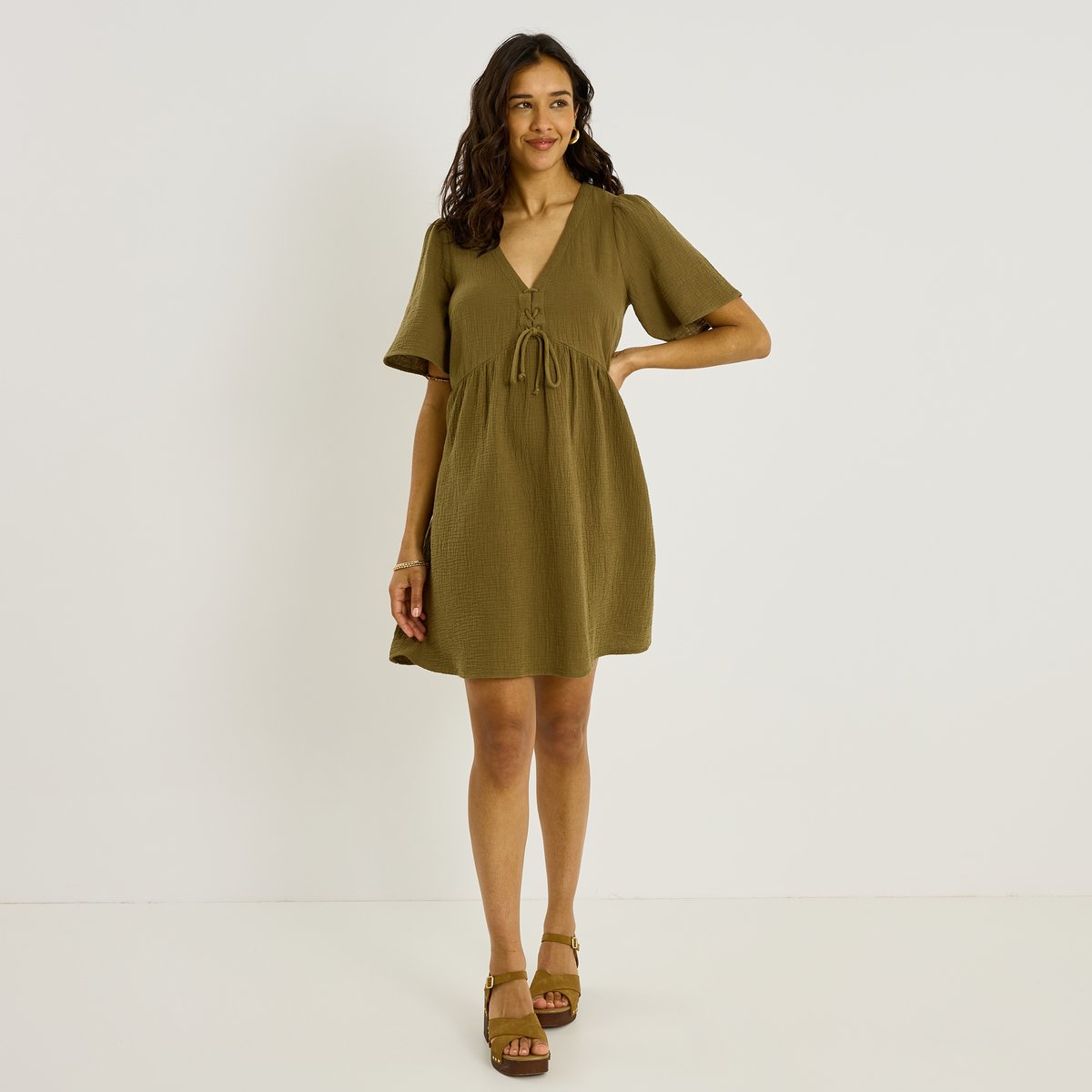 Robe courte en gaze de coton vert kaki, GRAIN DE MALICE
