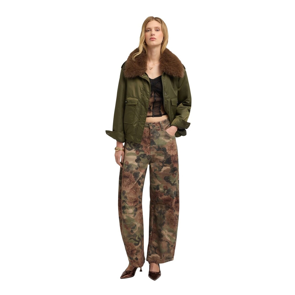 Pantalon coupe barrel à motif floral verde militare, MOTIVI