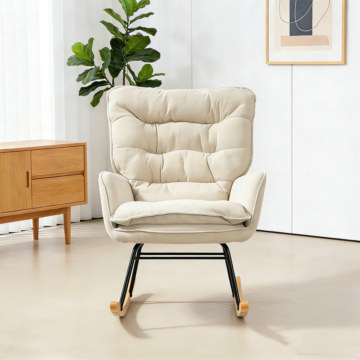 Fauteuil à bascule tissu chenille style scandinave, NEWFUNKELC beige, MEUBLES COSY