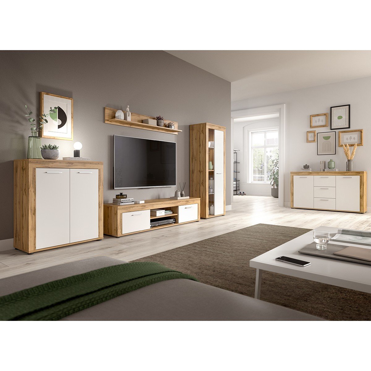 Buffet haut 2 portes blanc et chêne wotan L80 cm - AOSTA blanc, CALICOSY