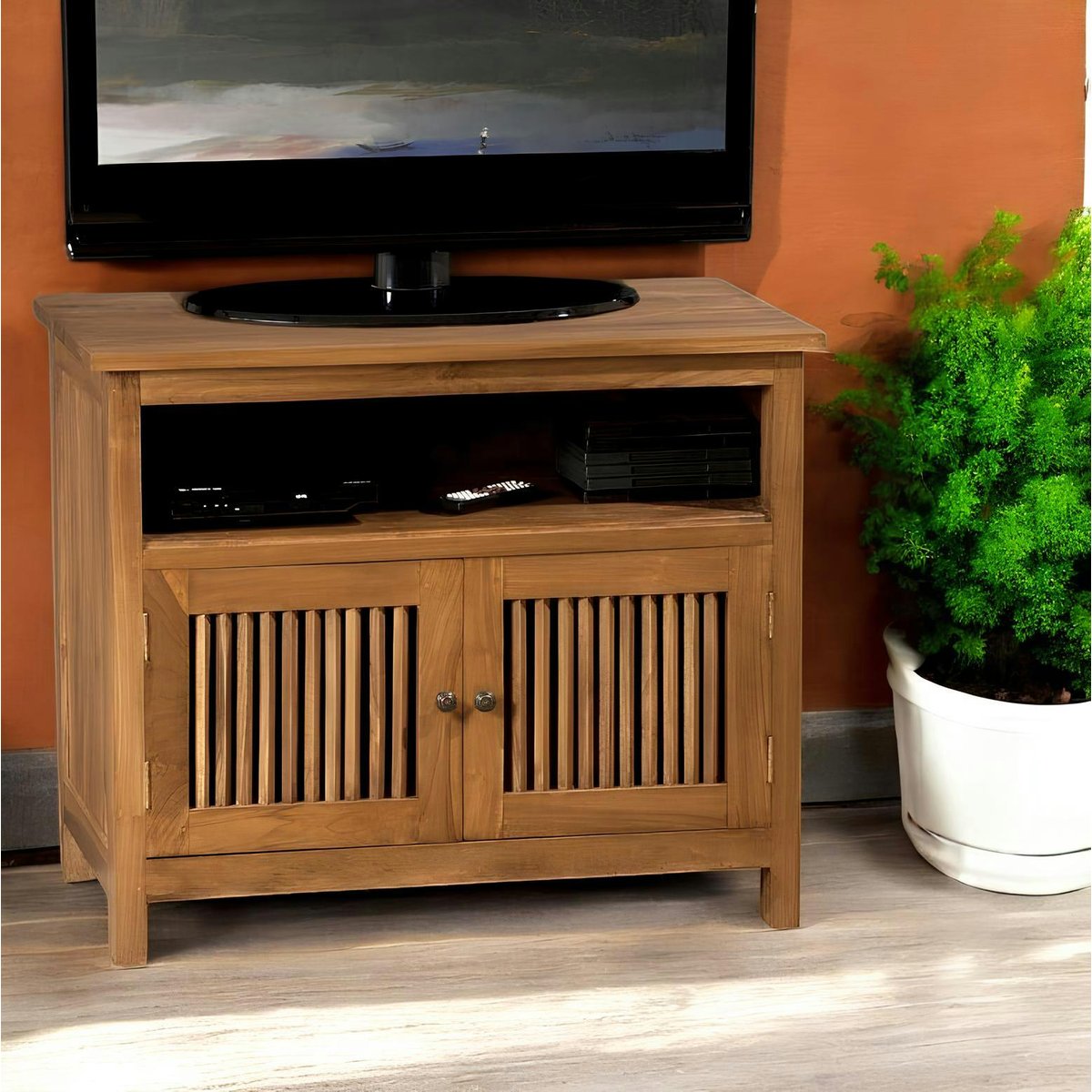 Meuble TV 80cm bois de teck 2 portes 1 niche style colonial BISHO bois naturel, PIER IMPORT