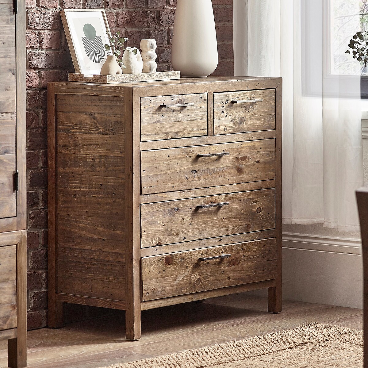 Ember Reclaimed Wood 3+2 Drawer Chest rustic dark wood, SO'HOME