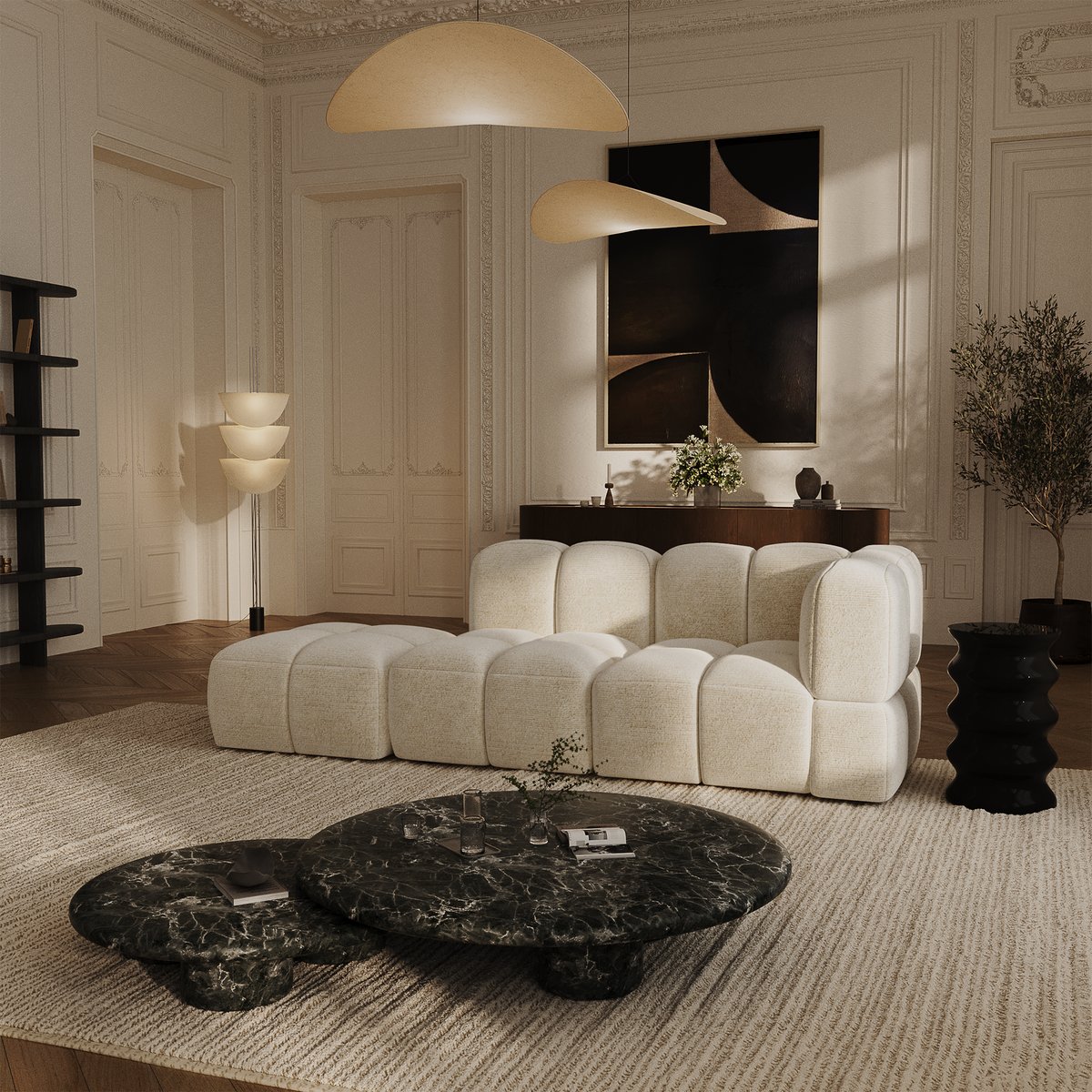 Canapé modulable 5 places en velours texturé NUBI crème, SIA HOME