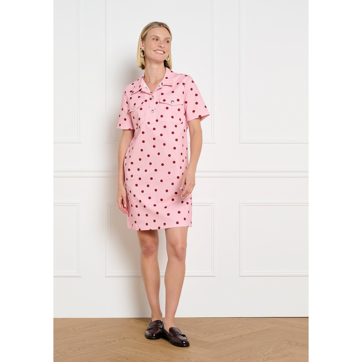 Robe droite en twill à pois rose clair, LOLALIZA