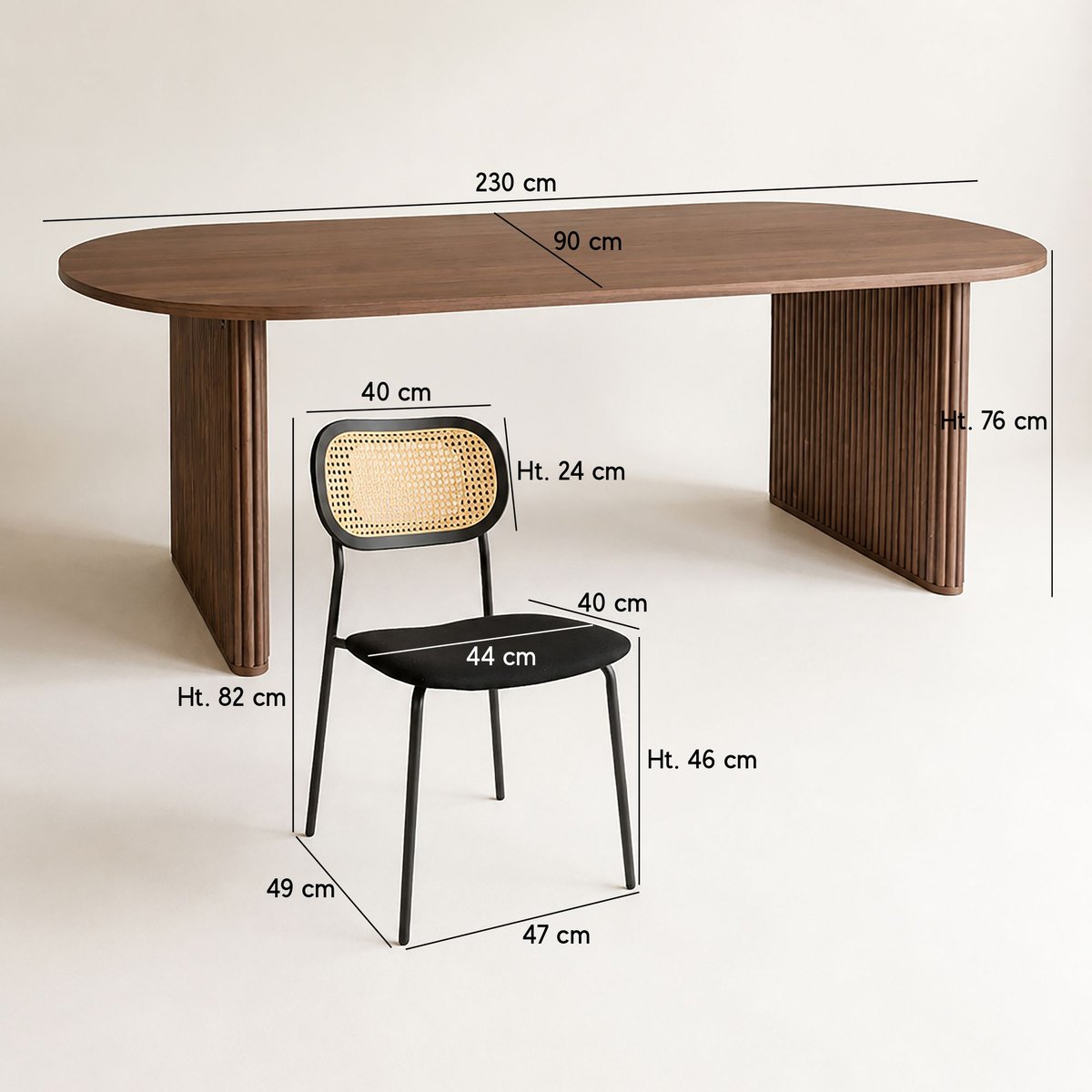 Table ovale effet bois 230cm + 6 chaises en rotin et velours noyer / noir, NOW'S HOME