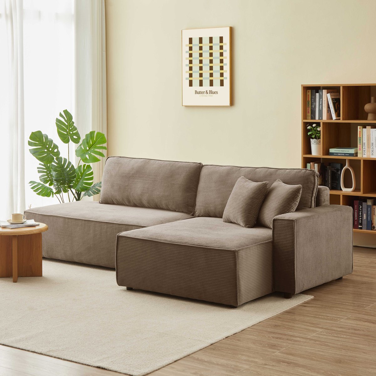 Canapé d'angle droit convertible velours  ZOLA taupe, BAÏTA