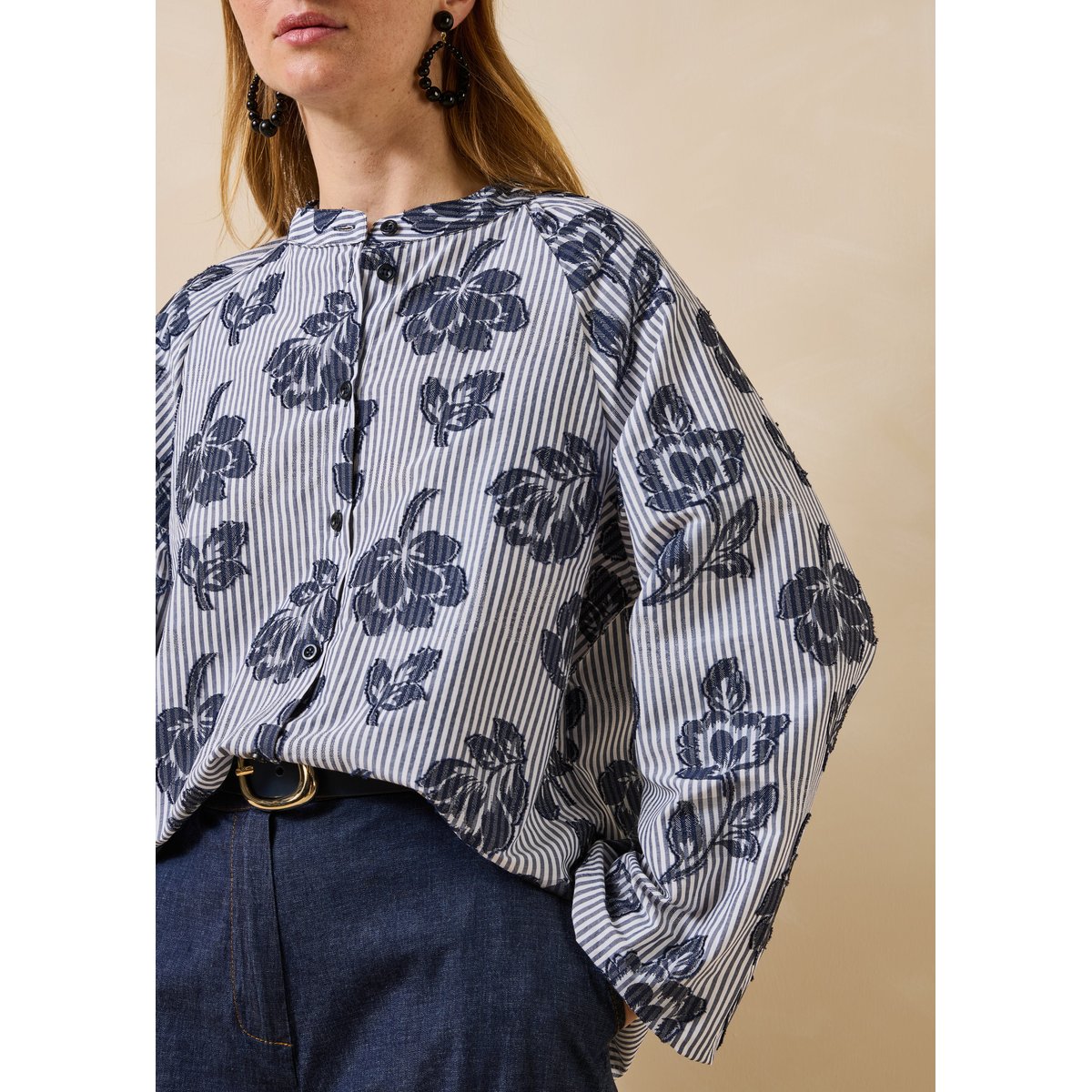 Chemise à rayures et motif en jacquard manches longues denim, LA FEE MARABOUTEE