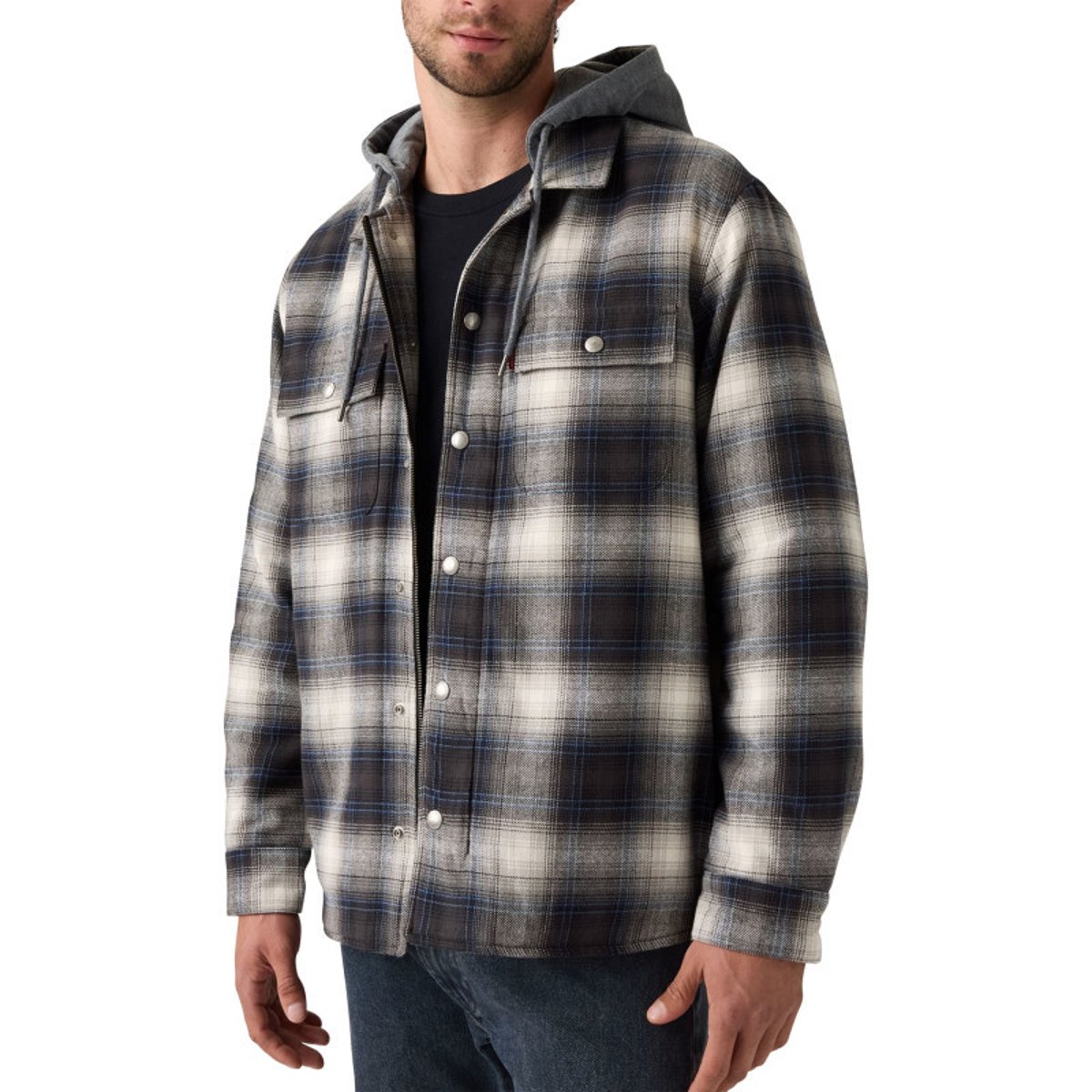Surchemise en coton anthracite à motif écossais pourvue d'un col à capuche anthracite, LEVI'S
