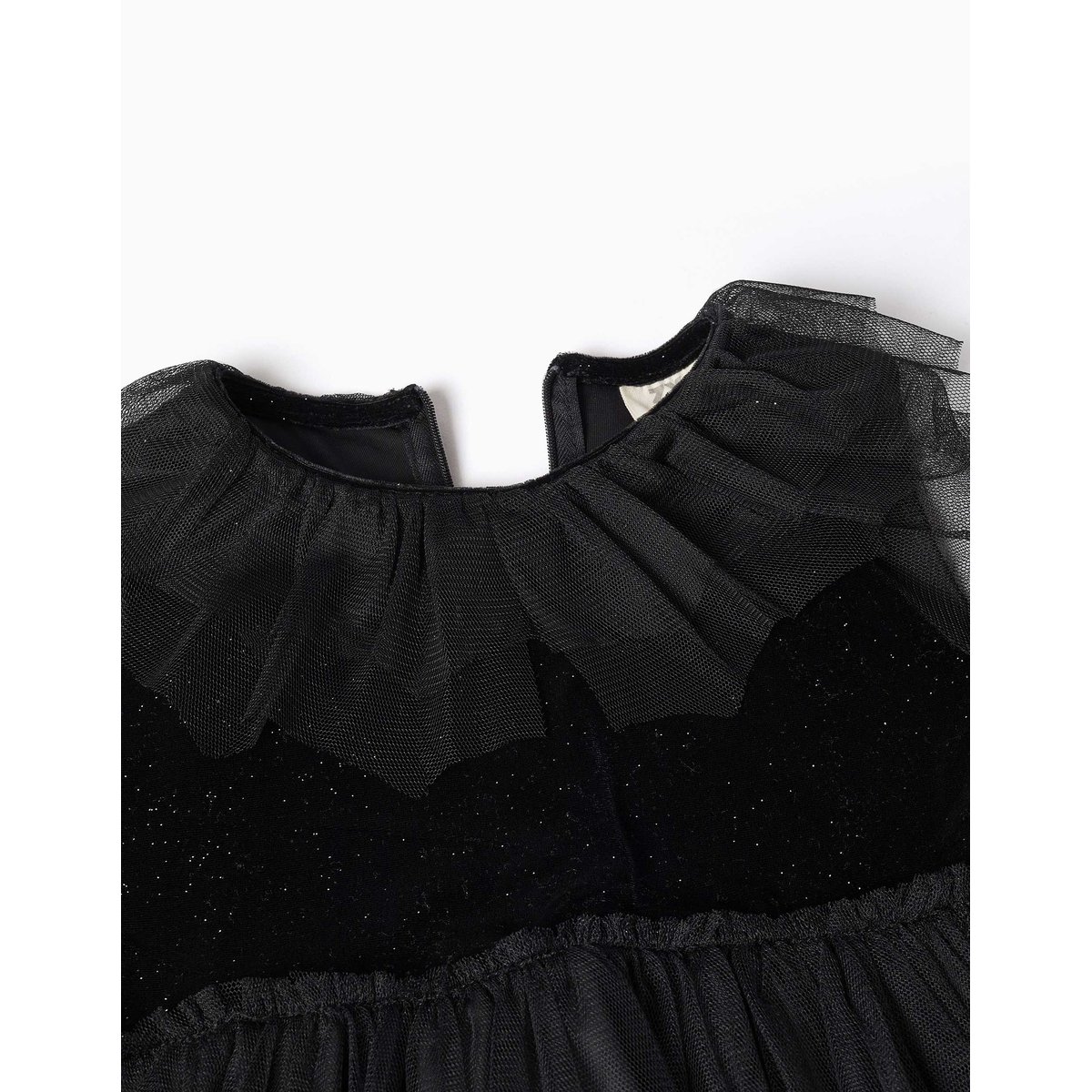 Robe à manches longues en velours et tulle avec volants noir, ZIPPY