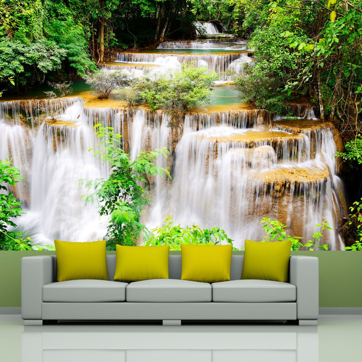 Papier peint intissé panoramique Paysage Thai waterfall vert, EDEN