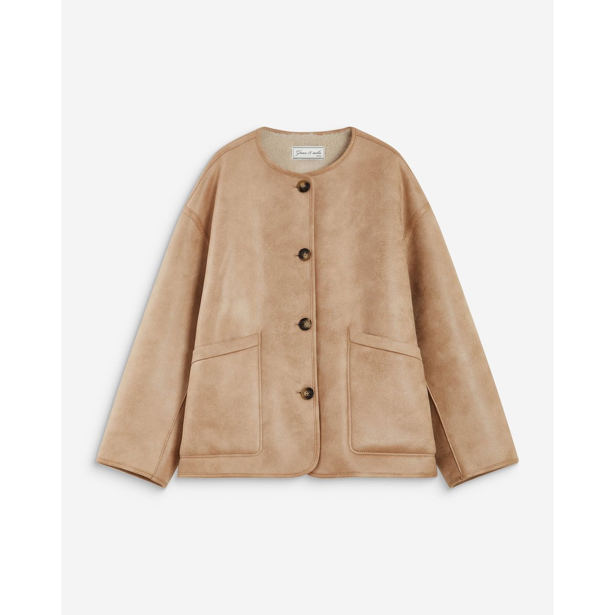 Manteau teddy court réversible beige Arwen beige, GRACE & MILA