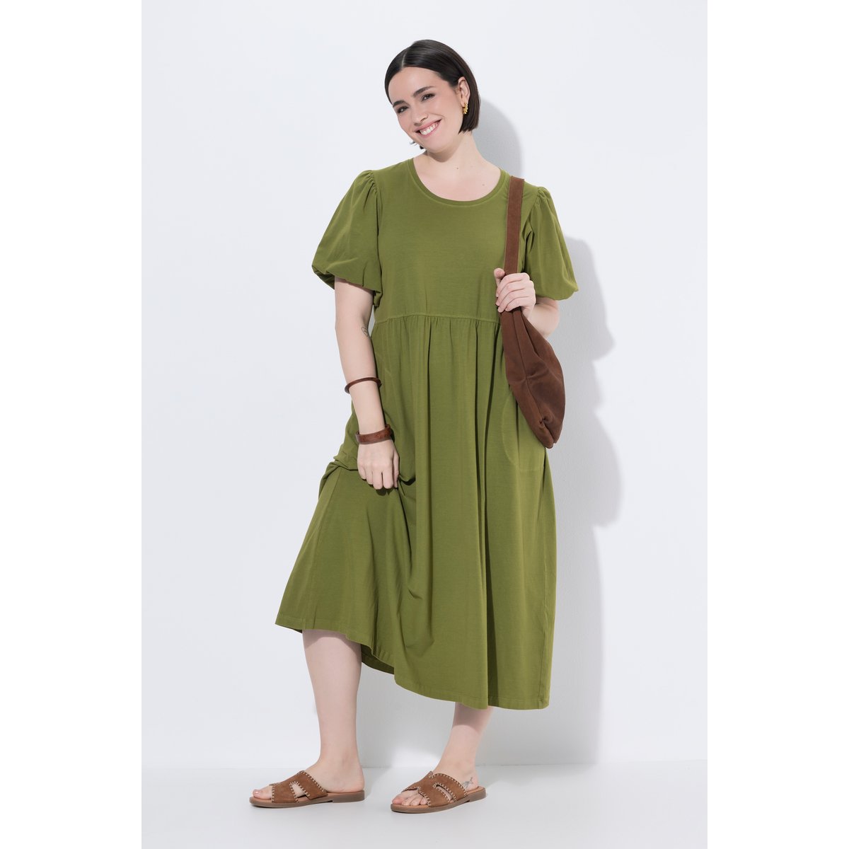 Robe longue, coupe A, col rond olive, ULLA POPKEN