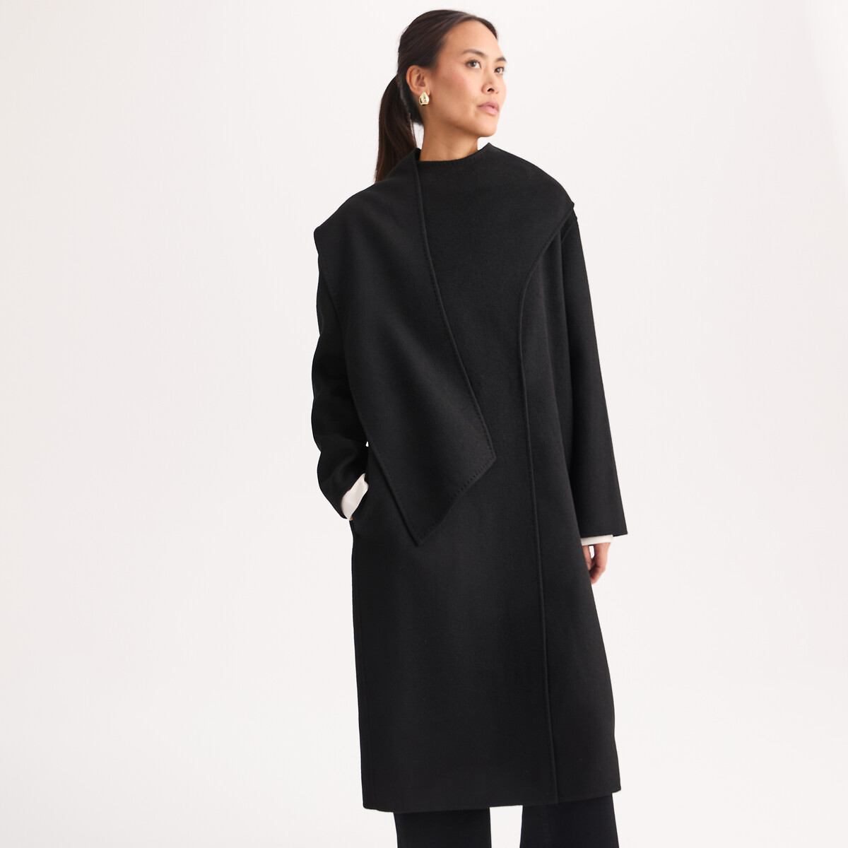 Wool Blend Long Draping Scarf Coat with Tie Belt black, ANNE WEYBURN