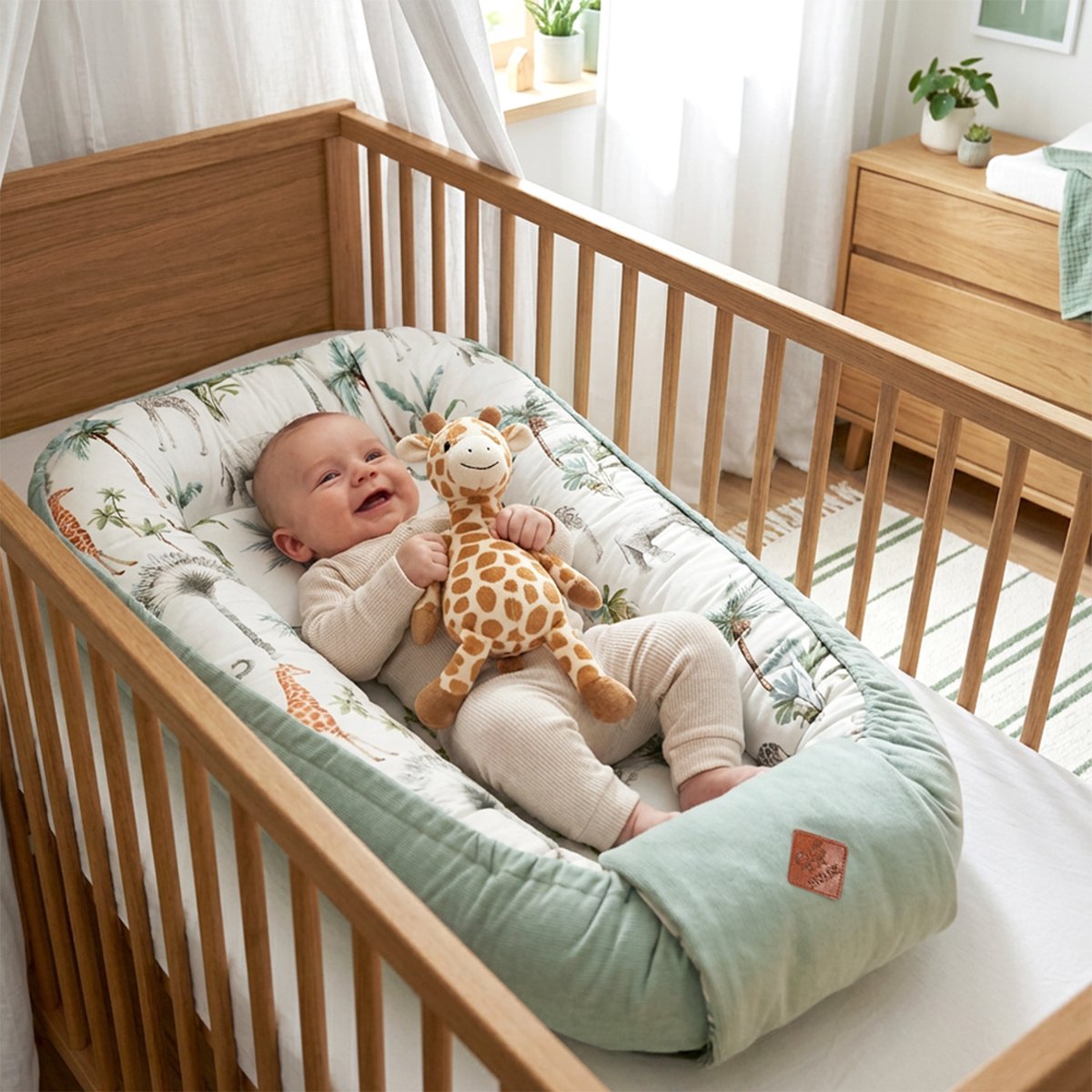 Cocon nid bébé matelassé réducteur de lit SAFARI safari, vert, gris, blanc, SEVIRA KIDS