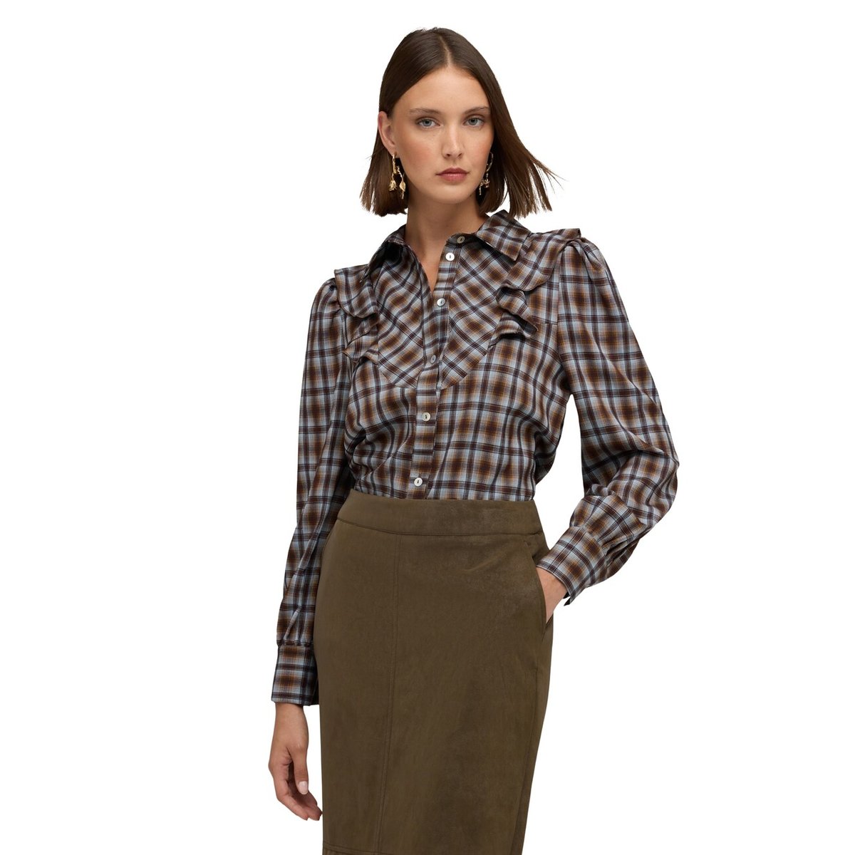 Chemise à motif check avec volants marron, MOTIVI