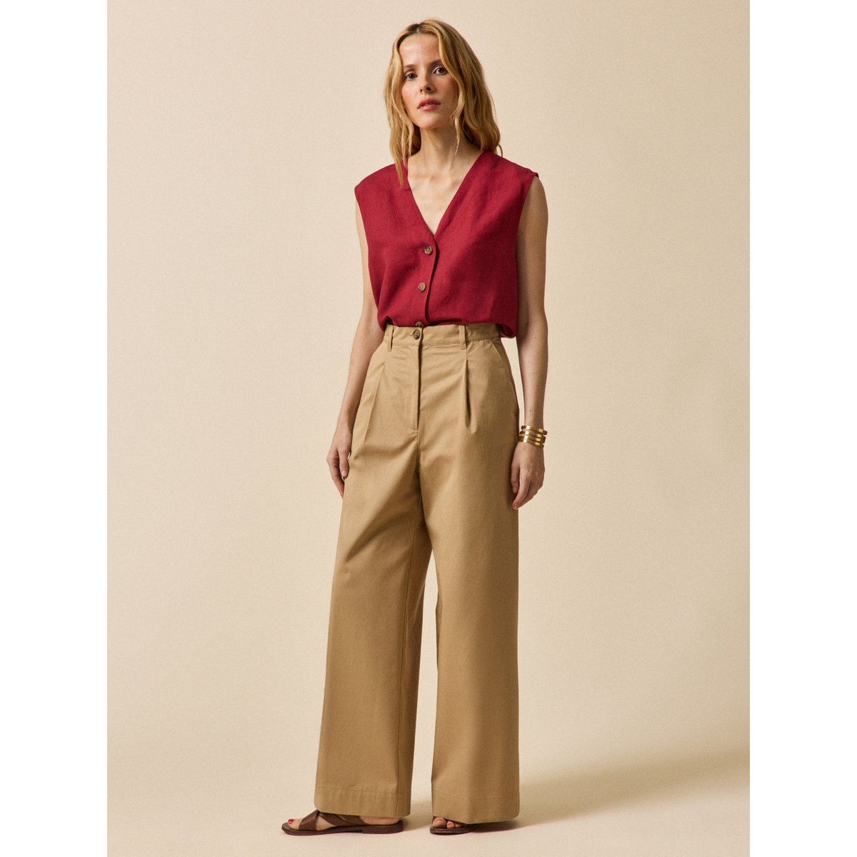 Top boutonné lin et viscose carmin, CYRILLUS