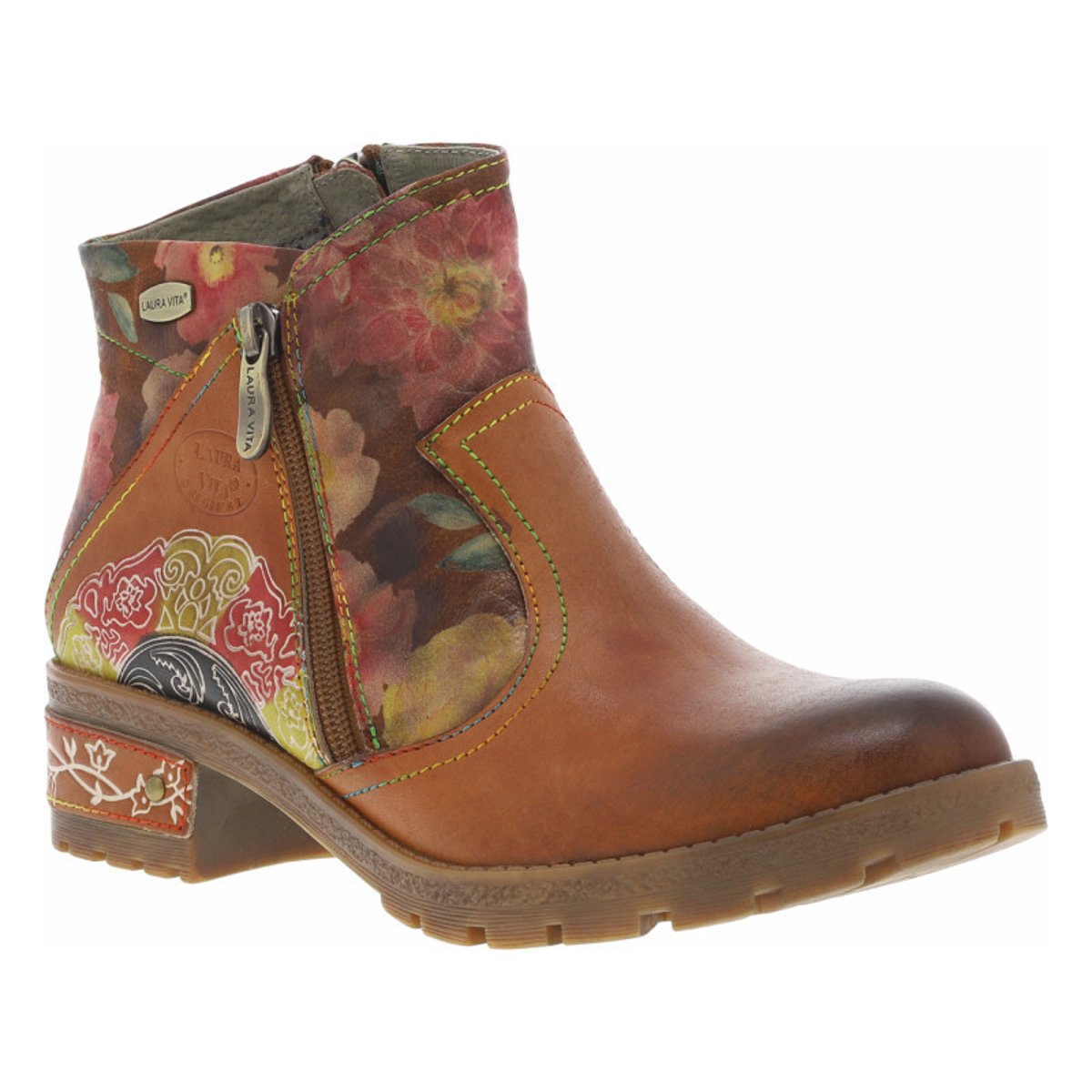 Boots en cuir camel à talon décroché bas avec des fermetures zippées camel, LAURA VITA