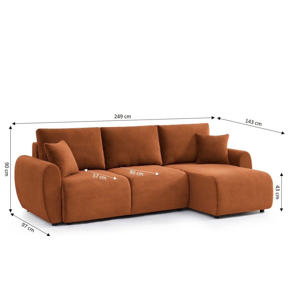 Canapé d'angle convertible velours  DANILO terracotta, BAÏTA