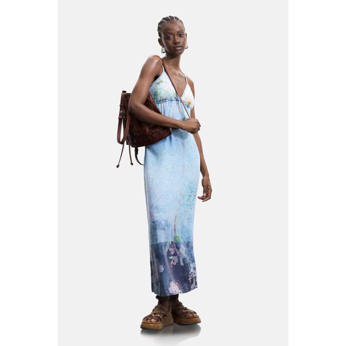 Robe longue à bretelles en lyocell bleu, DESIGUAL